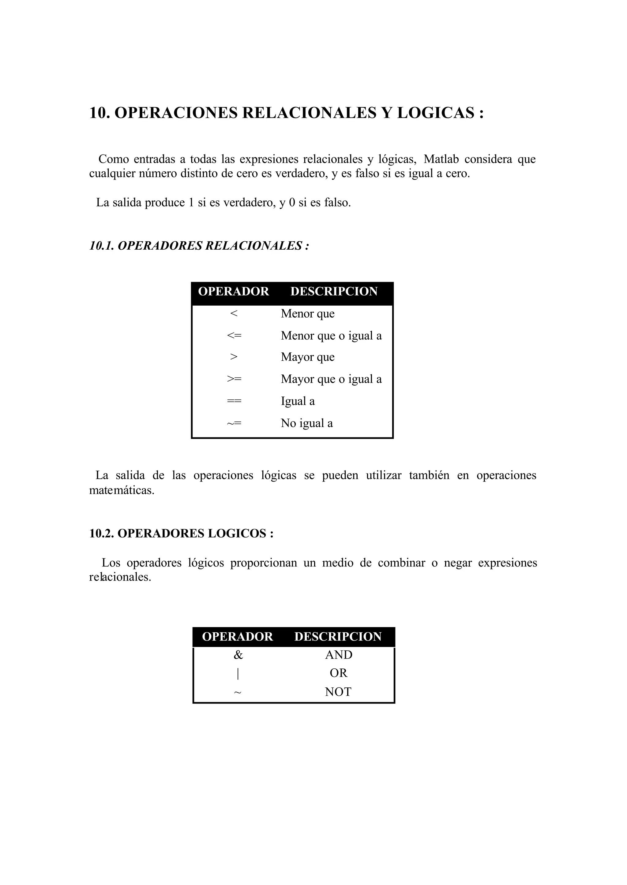 10. OPERACIONES RELACIONALES Y LOGICAS :
Como entradas a todas las expresiones relacionales y lógicas, Matlab considera que
cualquier número distinto de cero es verdadero, y es falso si es igual a cero.
La salida produce 1 si es verdadero, y 0 si es falso.
10.1. OPERADORES RELACIONALES :
OPERADOR DESCRIPCION
< Menor que
<= Menor que o igual a
> Mayor que
>= Mayor que o igual a
== Igual a
~= No igual a
La salida de las operaciones lógicas se pueden utilizar también en operaciones
matemáticas.
10.2. OPERADORES LOGICOS :
Los operadores lógicos proporcionan un medio de combinar o negar expresiones
relacionales.
OPERADOR DESCRIPCION
& AND
| OR
~ NOT
 