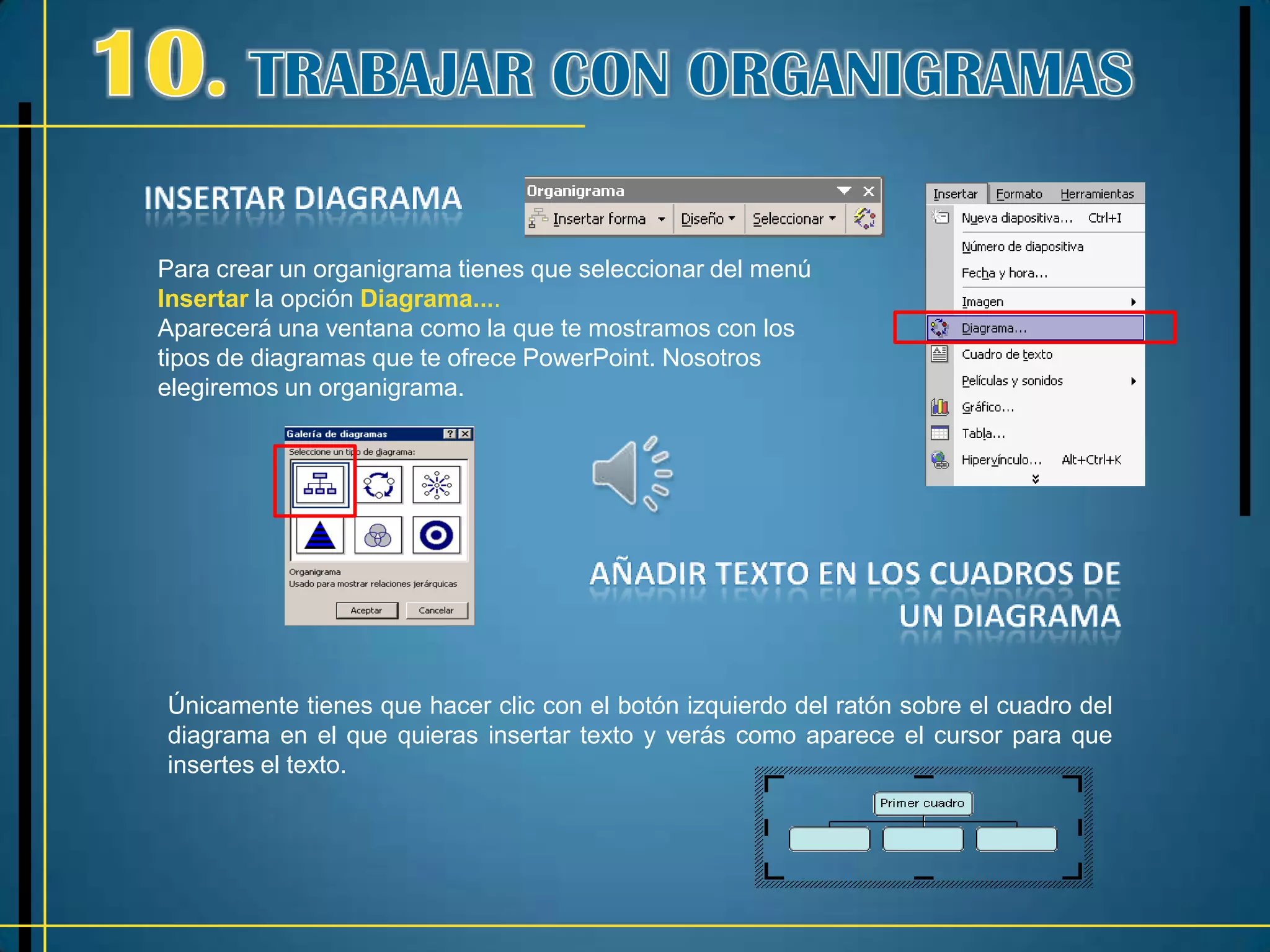 Para crear un organigrama tienes que seleccionar del menú
Insertar la opción Diagrama....
Aparecerá una ventana como la que te mostramos con los
tipos de diagramas que te ofrece PowerPoint. Nosotros
elegiremos un organigrama.




Únicamente tienes que hacer clic con el botón izquierdo del ratón sobre el cuadro del
diagrama en el que quieras insertar texto y verás como aparece el cursor para que
insertes el texto.
 