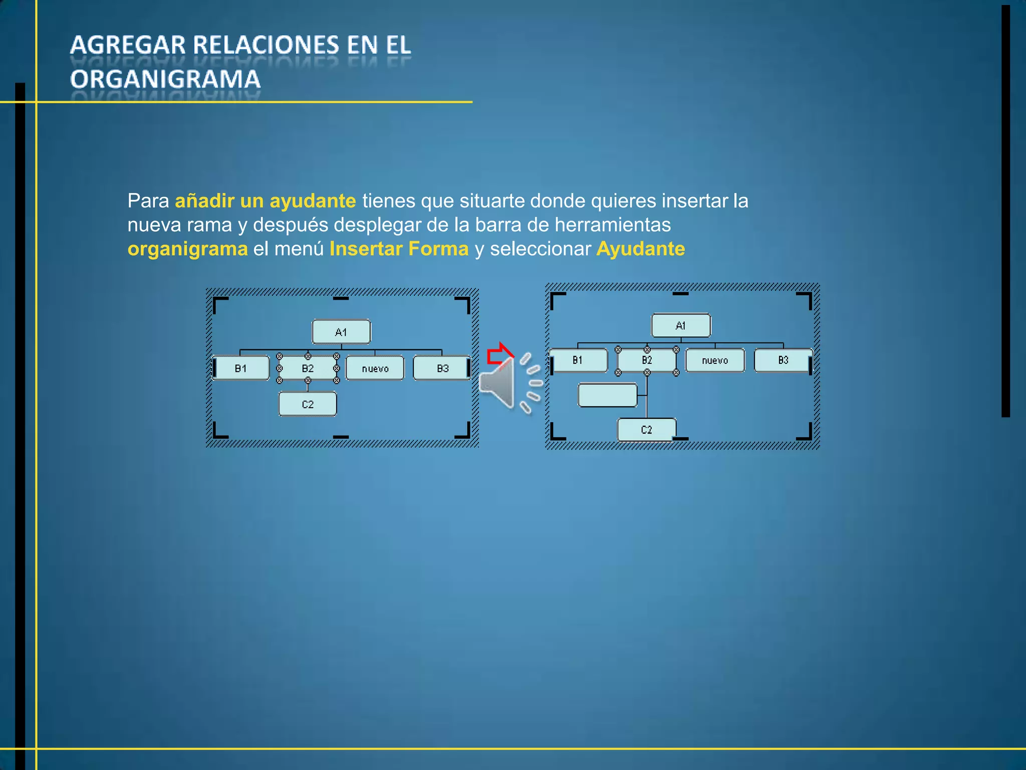 Para añadir un ayudante tienes que situarte donde quieres insertar la
nueva rama y después desplegar de la barra de herramientas
organigrama el menú Insertar Forma y seleccionar Ayudante
 
