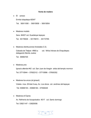 Venta de madera

El   uerazo

Ermita Iztapalapa #2547

Tel. 56911090 - 56915858 - 56915854



Maderas modelo

Sara #4457 col. Guadalupe tepeyac

Tel. 55176636 - 55176815 - 55173795



Maderas distribuciones forestales C.G.

Calzada de Tlalpan #965-a        col. Niños héroes de Chapultepec
delegación Benito Juárez

Tel. 56960720



Maderas pria

Ignacio allende #42 col. San Juan de Aragón atrás del templo mormon

Tel. 57710944 – 57602312 – 57710996 – 57600352



Maderas los arcos (el girasol)

Violeta mza. 29 lote 6 esq. Av. Los olivos col. Jardines del tepeyac

Tel. 50968155 – 50968156 – 57558329



Maderas el Cipres

Av. Refinería de Azcapotzalco #217 col. Santo domingo

Tel. 53821147 – 53820056




                                    65
 