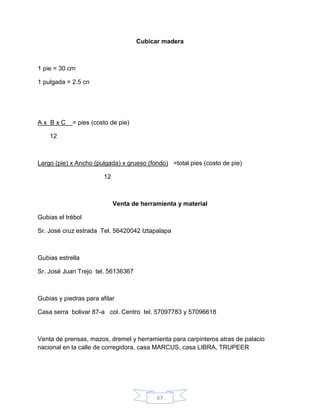 Cubicar madera



1 pie = 30 cm

1 pulgada = 2.5 cn




Ax BxC      = pies (costo de pie)

    12



Largo (pie) x Ancho (pulgada) x grueso (fondo) =total pies (costo de pie)

                        12



                             Venta de herramienta y material

Gubias el trébol

Sr. José cruz estrada Tel. 56420042 Iztapalapa



Gubias estrella

Sr. José Juan Trejo tel. 56136367



Gubias y piedras para afilar

Casa serra bolivar 87-a col. Centro tel. 57097783 y 57096618



Venta de prensas, mazos, dremel y herramienta para carpinteros atras de palacio
nacional en la calle de corregidora, casa MARCUS, casa LIBRA, TRUPEER




                                           67
 