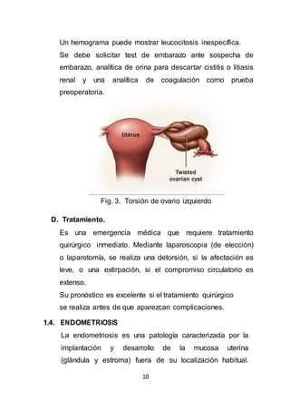 10
Un hemograma puede mostrar leucocitosis inespecífica.
Se debe solicitar test de embarazo ante sospecha de
embarazo, analítica de orina para descartar cistitis o litiasis
renal y una analítica de coagulación como prueba
preoperatoria.
Fig. 3. Torsión de ovario izquierdo
D. Tratamiento.
Es una emergencia médica que requiere tratamiento
quirúrgico inmediato. Mediante laparoscopia (de elección)
o laparotomía, se realiza una detorsión, si la afectación es
leve, o una extirpación, si el compromiso circulatorio es
extenso.
Su pronóstico es excelente si el tratamiento quirúrgico
se realiza antes de que aparezcan complicaciones.
1.4. ENDOMETRIOSIS
La endometriosis es una patología caracterizada por la
implantación y desarrollo de la mucosa uterina
(glándula y estroma) fuera de su localización habitual.
 