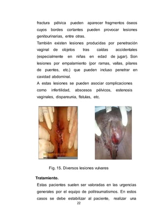 22
fractura pélvica pueden aparecer fragmentos óseos
cuyos bordes cortantes pueden provocar lesiones
genitourinarias, entre otras.
También existen lesiones producidas por penetración
vaginal de objetos tras caídas accidentales
(especialmente en niñas en edad de jugar). Son
lesiones por empalamiento (por ramas, vallas, pilares
de puentes, etc.) que pueden incluso penetrar en
cavidad abdominal.
A estas lesiones se pueden asociar complicaciones
como infertilidad, abscesos pélvicos, estenosis
vaginales, dispareunia, fístulas, etc.
Fig. 15. Diversos lesiones vulvares
Tratamiento.
Estas pacientes suelen ser valoradas en las urgencias
generales por el equipo de politraumatismos. En estos
casos se debe estabilizar al paciente, realizar una
 
