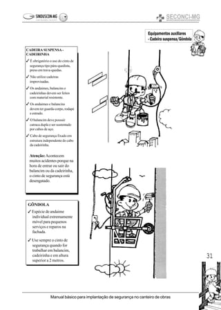 31
Manual básico para implantação de segurança no canteiro de obras
Equipamentos auxiliares
- Cadeira suspensa/Gôndola
CADEIRA SUSPENSA -
CADEIRINHA
3 É obrigatório o uso do cinto de
segurança tipo pára-quedista,
preso em trava-quedas.
3 Não utilize cadeiras
improvisadas.
3 Os andaimes, balancins e
cadeirinhas devem ser feitos
com material resistente.
3 Os andaimes e balancins
devem ter guarda-corpo, rodapé
e estrado.
3 O balancim deve possuir
catraca dupla e ser sustentado
por cabos de aço.
3 Cabo de segurança fixado em
estrutura independente do cabo
da cadeirinha.
GÔNDOLA
3 Espécie de andaime
individual extremamente
móvel para pequenos
serviços e reparos na
fachada.
3 Use sempre o cinto de
segurança quando for
trabalhar em balancim,
cadeirinha e em altura
superior a 2 metros.
Atenção:Acontecem
muitos acidentes porque na
hora de entrar ou sair do
balancim ou da cadeirinha,
o cinto de segurança está
desengatado.
 