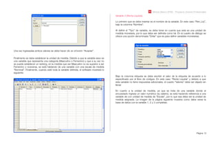 Módulo Básico SPSS - Programa Jóvenes Profesionales
Página 12
Una vez ingresadas ambos valores se debe hacer clic en el botón “Aceptar”.
Finalmente se debe establecer la unidad de medida. Debido a que la variable sexo es
una variable que representa una categoría (Masculino o Femenino) y que a su vez no
se puede establecer un ranking, en la medida que ser Masculino no es superior a ser
Femenino o viceversa, se está hablando de una variable con una escala de medida
“Nominal”. Finalmente, cuando esté toda la variable deﬁnida, el software mostrará lo
siguiente:
Variable 3 (Renta Líquida):
Lo primero que se debe insertar es el nombre de la variable. En este caso “Ren_Liq”,
bajo la columna “Nombre”.
Al deﬁnir el “Tipo” de variable, se debe tener en cuenta que esta es una unidad de
medida monetaria, por lo que debe ser deﬁnida como tal. En el cuadro de diálogo se
ofrece una opción denominada “Dólar” que es para deﬁnir variables monetarias.
Bajo la columna etiqueta se debe escribir el valor de la etiqueta de acuerdo a lo
especiﬁcado por el libro de códigos. En este caso “Renta Líquida” y debido a que
esta variable no tiene respuestas adicionales, el cuadro “Valores” debe ser dejado sin
llenar.
En cuanto a la unidad de medida, ya que se trata de una variable donde el
encuestado ingresa un valor numérico (su salario), se está haciendo referencia a una
variable de con unidad de medida de “Escala”, por lo que esa debe ser la unidad de
medida asignada. La imagen de la página siguiente muestra como debe verse la
base de datos con la variable 1, 2 y 3 completas:
 
