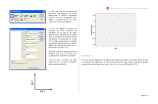 Módulo Básico SPSS - Programa Jóvenes Profesionales
Página 45
2. Una vez que se muestran las
opciones de gráﬁcos, se debe
seleccionar la opción “Dispersión
Simple”, tal como se observa en la
ﬁgura y posteriormente se debe
hacer clic en el botón “Deﬁnir”.
3. Una vez abierto el cuadro de
diálogo se debe ingresar las
variables. En el “eje X” se debe
seleccionar la variable que se desee
que se encuentre en la parte inferior
del gráﬁco, mientras que en el “Eje
Y”, se debe seleccionar la variable
que estará hacia arriba en el gráﬁco
(abajo se observa una ﬁgura con la
disposición del eje X e Y).
Además se puede agregar títulos al
gráﬁco, tal cual se hace con
cualquier tipo de gráﬁcos de SPSS.
Una vez listo lo anterior, se debe
hacer clic en el botón “Aceptar”
para acceder al gráﬁco.
Eje X
EjeY
Interpretación:
Como se puede observar en el gráﬁco, las ventas comienzan a ascender desde el mes
1 y alcanzan su máximo en el mes de Junio (mes 6), para luego comenzar a decaer
nuevamente, hasta llegar a un nuevo mínimo en el mes de Diciembre (12).
 