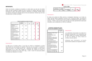 Módulo Básico SPSS - Programa Jóvenes Profesionales
Página 61
IMPORTANTE:
Antes de proceder a analizar los resultados, se debe saber que este tipo de análisis
arroja una gran cantidad de tablas, las que a menudo no resultan útiles para extraer
información de ellas. Para efectos prácticos, solamente se analizarán aquellas tablas
que ofrezcan información relevante para la toma de decisiones, mientras que otro tipo
de tablas serán omitidas de análisis.
Interpretación:
La tabla que se muestra arriba, lo que hace es indicar al investigador el poder
discriminante de cada variable por separado. Para ello usa una prueba F y mediante el
criterio del valor p, se puede asumir que solamente una variable no tiene poder
discriminante por si sola. Esta variable es “Inversión (En millones de euros) en
actividades de patrocinio en el año 2007” (Sig. = 0,352 > 0,05). Por ende esta variable
no debiese ser utilizada en el modelo.
Interpretación:
El criterio del Lambda de Wilks permite al investigador determinar si el modelo es
válido. Para ello utiliza el estadístico conocido como “Lambda de Wilks”. De acuerdo al
criterio del valor p, se puede asumir que el modelo es estadísticamente válido, debido a
que Sig. = 0,000, lo que es menor que 0,05 (que es el valor generalmente usado para
contrastar y que corresponde a un 96% de conﬁanza).
Interpretación:
Los coeﬁcientes mencionados en la tabla de la
izquierda corresponden a los coeﬁcientes que
se deben utilizar en la ecuación discriminante,
la que fue deﬁnida en forma teórica al
comienzo de este capítulo.
Utilizando esta información, la función
discriminante quedaría de la siguiente manera:
 