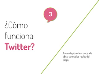 14

3

¿Cómo
funciona
Twitter?
@beagonpoz

Antes de ponerte manos a la
obra, conoce las reglas del
juego.

www.beriodismo.net

 