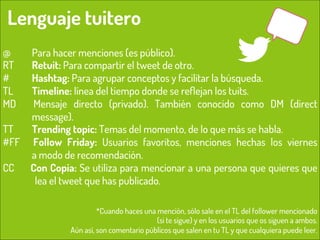 Lenguaje tuitero

16

@
RT
#
TL
MD

Para hacer menciones (es público).
Retuit: Para compartir el tweet de otro.
Hashtag: Para agrupar conceptos y facilitar la búsqueda.
Timeline: línea del tiempo donde se reﬂejan los tuits.
Mensaje directo (privado). También conocido como DM (direct
message).
TT
Trending topic: Temas del momento, de lo que más se habla.
#FF Follow Friday: Usuarios favoritos, menciones hechas los viernes
a modo de recomendación.
CC
Con Copia: Se utiliza para mencionar a una persona que quieres que
lea el tweet que has publicado.

@beagonpoz

*Cuando haces una mención, sólo sale en el TL del follower mencionado
(si te sigue) y en los usuarios que os siguen a ambos.
www.beriodismo.net
Aún así, son comentario públicos que salen en tu TL y que cualquiera puede leer.

 