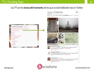 TT o Trending Topic

26

Los TT son los temas del momento, de los que se está hablando más en Twitter.

@beagonpoz

www.beriodismo.net

 