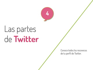 30

4

Las partes
de Twitter
Conoce todos los recovecos
de tu perﬁl de Twitter.

@beagonpoz

www.beriodismo.net

 