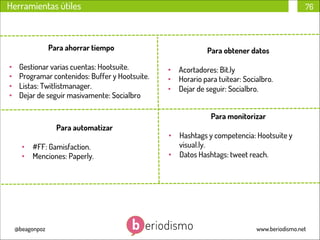 Herramientas útiles

Para ahorrar tiempo
• 
• 
• 
• 

Gestionar varias cuentas: Hootsuite.
Programar contenidos: Buffer y Hootsuite.
Listas: Twitlistmanager.
Dejar de seguir masivamente: Socialbro

76

Para obtener datos
•  Acortadores: Bit.ly
•  Horario para tuitear: Socialbro.
•  Dejar de seguir: Socialbro.
Para monitorizar

Para automatizar
•  #FF: Gamisfaction.
•  Menciones: Paperly.

@beagonpoz

•  Hashtags y competencia: Hootsuite y
visual.ly.
•  Datos Hashtags: tweet reach.

www.beriodismo.net

 