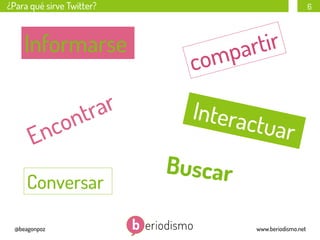 ¿Para qué sirve Twitter?

Informarse

6

rtir
pa
m

co

Interac

tuar

Conversar
@beagonpoz

Buscar
www.beriodismo.net

 