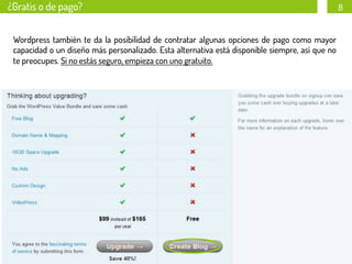 ¿Gratis o de pago?

8

¿Gratis o de pago?
Wordpress también te da la posibilidad de contratar algunas opciones de pago como mayor
capacidad o un diseño más personalizado. Esta alternativa está disponible siempre, así que no
te preocupes. Si no estás seguro, empieza con uno gratuito.

@beagonpoz

www.beriodismo.net

 