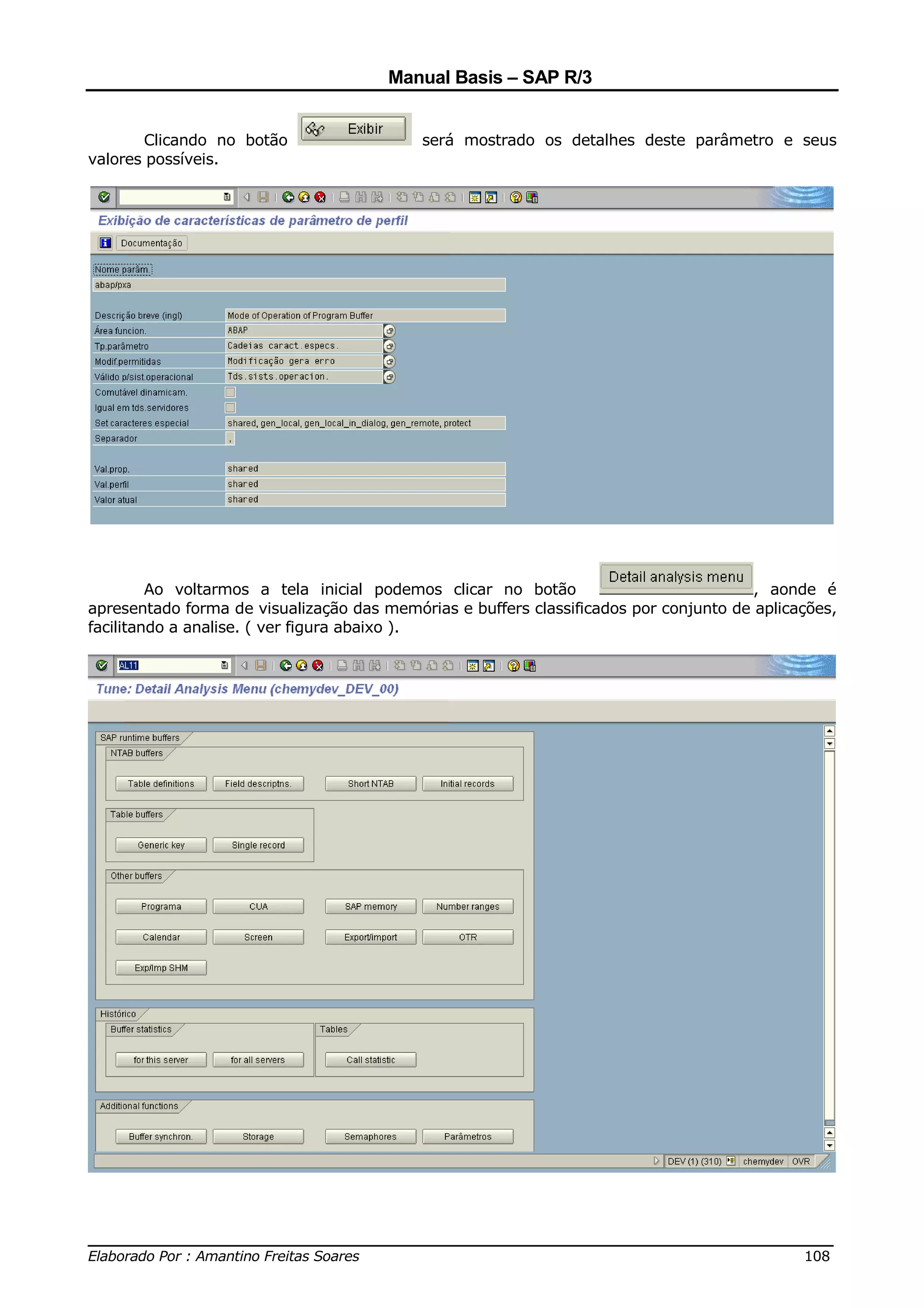 Manual Basis – SAP R/3


       Clicando no botão                   será mostrado os detalhes deste parâmetro e seus
valores possíveis.




         Ao voltarmos a tela inicial podemos clicar no botão                           , aonde é
apresentado forma de visualização das memórias e buffers classificados por conjunto de aplicações,
facilitando a analise. ( ver figura abaixo ).




______________________________________________________________________________
Elaborado Por : Amantino Freitas Soares                                    108
 
