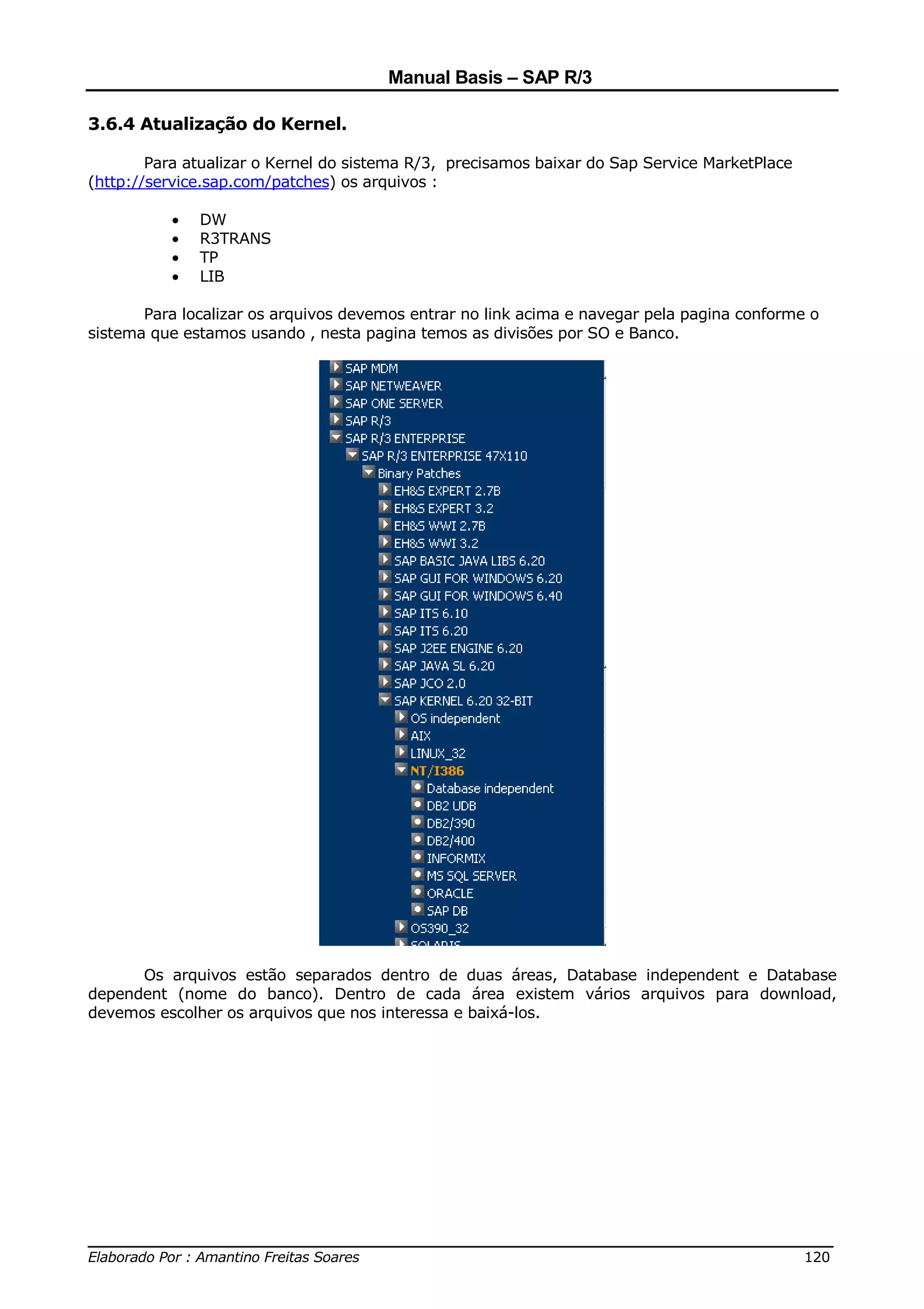 Manual Basis – SAP R/3

3.6.4 Atualização do Kernel.

        Para atualizar o Kernel do sistema R/3, precisamos baixar do Sap Service MarketPlace
(http://service.sap.com/patches) os arquivos :

          •   DW
          •   R3TRANS
          •   TP
          •   LIB

       Para localizar os arquivos devemos entrar no link acima e navegar pela pagina conforme o
sistema que estamos usando , nesta pagina temos as divisões por SO e Banco.




      Os arquivos estão separados dentro de duas áreas, Database independent e Database
dependent (nome do banco). Dentro de cada área existem vários arquivos para download,
devemos escolher os arquivos que nos interessa e baixá-los.




______________________________________________________________________________
Elaborado Por : Amantino Freitas Soares                                    120
 
