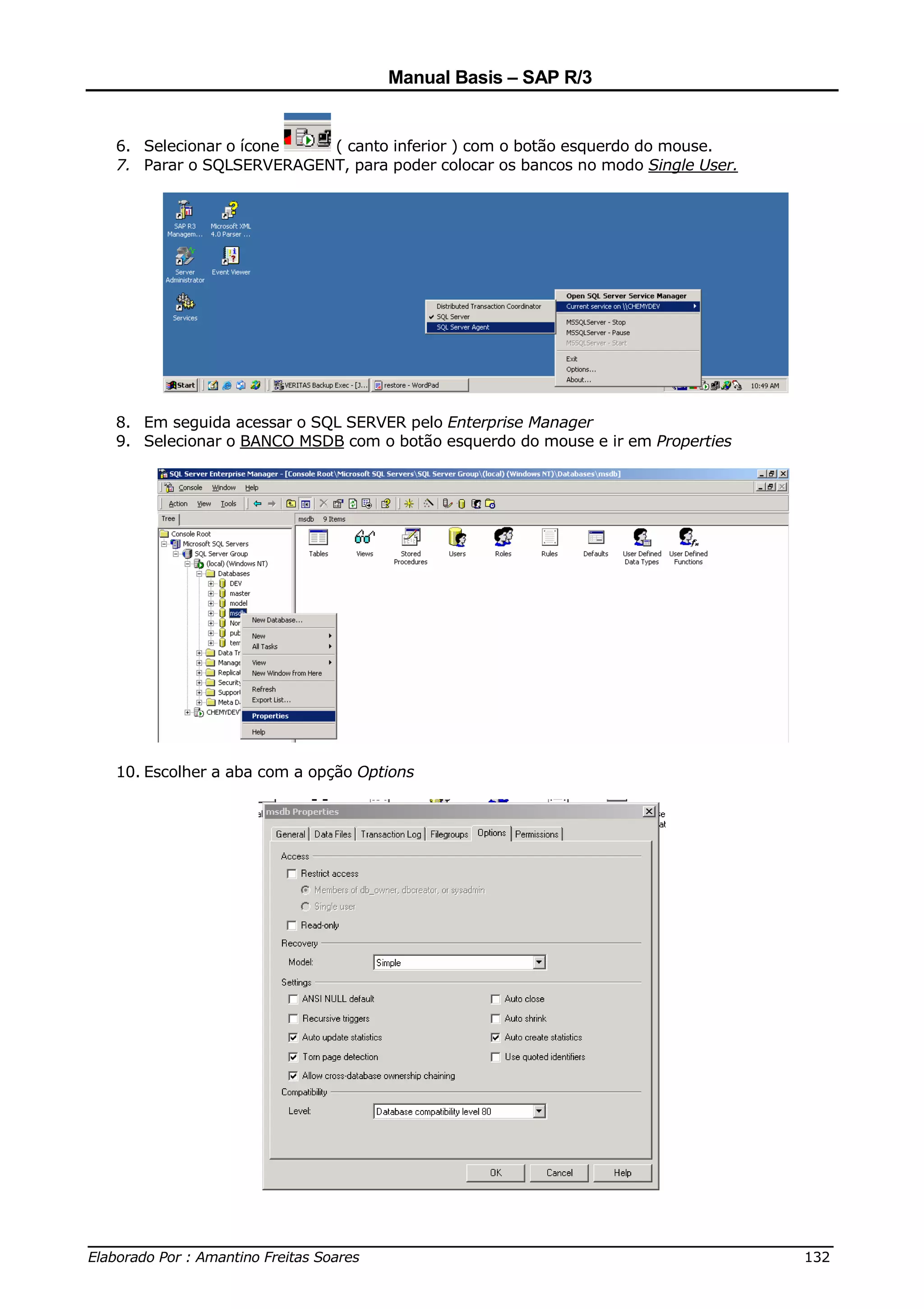 Manual Basis – SAP R/3


  6. Selecionar o ícone   ( canto inferior ) com o botão esquerdo do mouse.
  7. Parar o SQLSERVERAGENT, para poder colocar os bancos no modo Single User.




  8. Em seguida acessar o SQL SERVER pelo Enterprise Manager
  9. Selecionar o BANCO MSDB com o botão esquerdo do mouse e ir em Properties




  10. Escolher a aba com a opção Options




______________________________________________________________________________
Elaborado Por : Amantino Freitas Soares                                    132
 