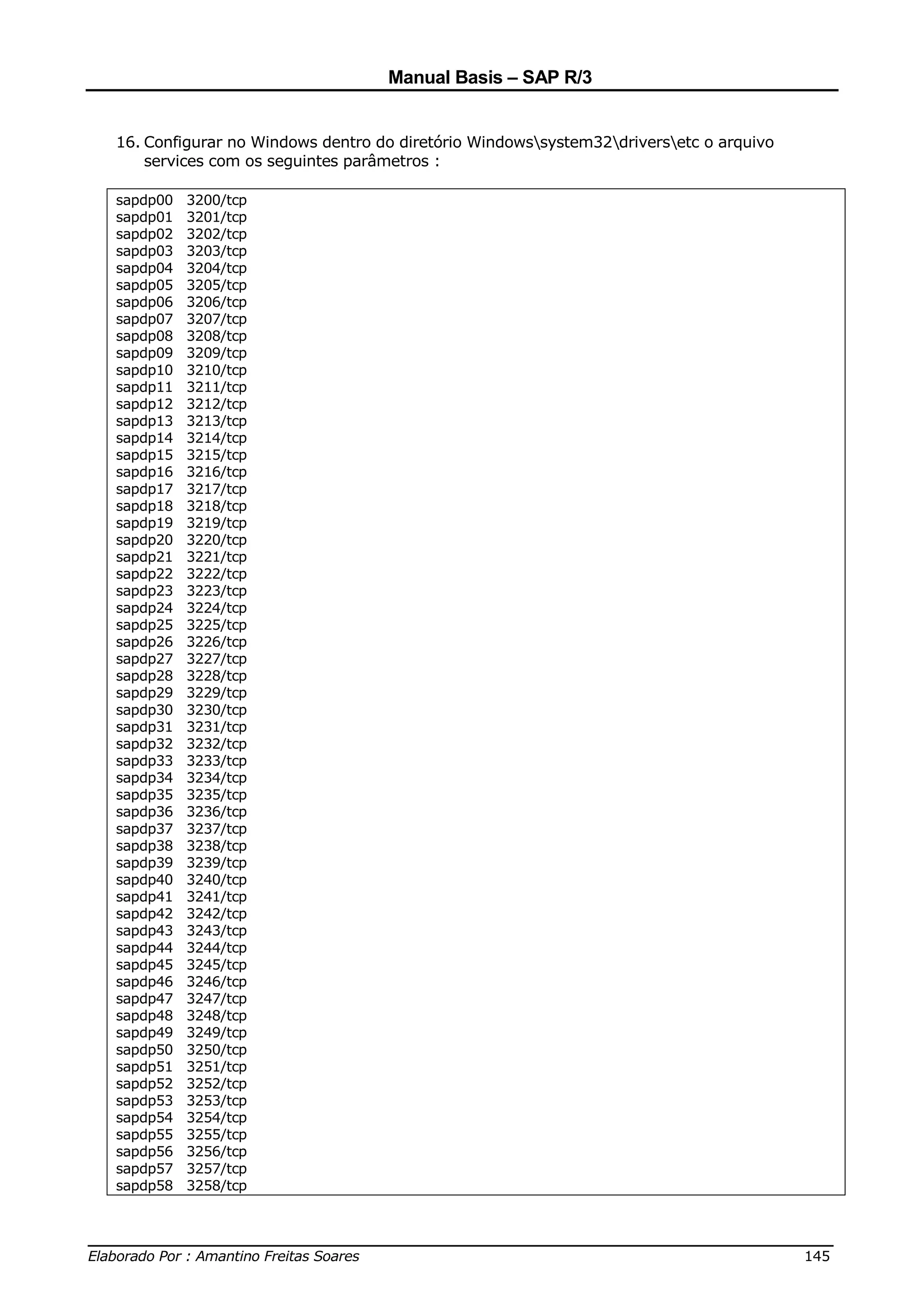 Manual Basis – SAP R/3


  16. Configurar no Windows dentro do diretório Windowssystem32driversetc o arquivo
      services com os seguintes parâmetros :

  sapdp00   3200/tcp
  sapdp01   3201/tcp
  sapdp02   3202/tcp
  sapdp03   3203/tcp
  sapdp04   3204/tcp
  sapdp05   3205/tcp
  sapdp06   3206/tcp
  sapdp07   3207/tcp
  sapdp08   3208/tcp
  sapdp09   3209/tcp
  sapdp10   3210/tcp
  sapdp11   3211/tcp
  sapdp12   3212/tcp
  sapdp13   3213/tcp
  sapdp14   3214/tcp
  sapdp15   3215/tcp
  sapdp16   3216/tcp
  sapdp17   3217/tcp
  sapdp18   3218/tcp
  sapdp19   3219/tcp
  sapdp20   3220/tcp
  sapdp21   3221/tcp
  sapdp22   3222/tcp
  sapdp23   3223/tcp
  sapdp24   3224/tcp
  sapdp25   3225/tcp
  sapdp26   3226/tcp
  sapdp27   3227/tcp
  sapdp28   3228/tcp
  sapdp29   3229/tcp
  sapdp30   3230/tcp
  sapdp31   3231/tcp
  sapdp32   3232/tcp
  sapdp33   3233/tcp
  sapdp34   3234/tcp
  sapdp35   3235/tcp
  sapdp36   3236/tcp
  sapdp37   3237/tcp
  sapdp38   3238/tcp
  sapdp39   3239/tcp
  sapdp40   3240/tcp
  sapdp41   3241/tcp
  sapdp42   3242/tcp
  sapdp43   3243/tcp
  sapdp44   3244/tcp
  sapdp45   3245/tcp
  sapdp46   3246/tcp
  sapdp47   3247/tcp
  sapdp48   3248/tcp
  sapdp49   3249/tcp
  sapdp50   3250/tcp
  sapdp51   3251/tcp
  sapdp52   3252/tcp
  sapdp53   3253/tcp
  sapdp54   3254/tcp
  sapdp55   3255/tcp
  sapdp56   3256/tcp
  sapdp57   3257/tcp
  sapdp58   3258/tcp


______________________________________________________________________________
Elaborado Por : Amantino Freitas Soares                                    145
 