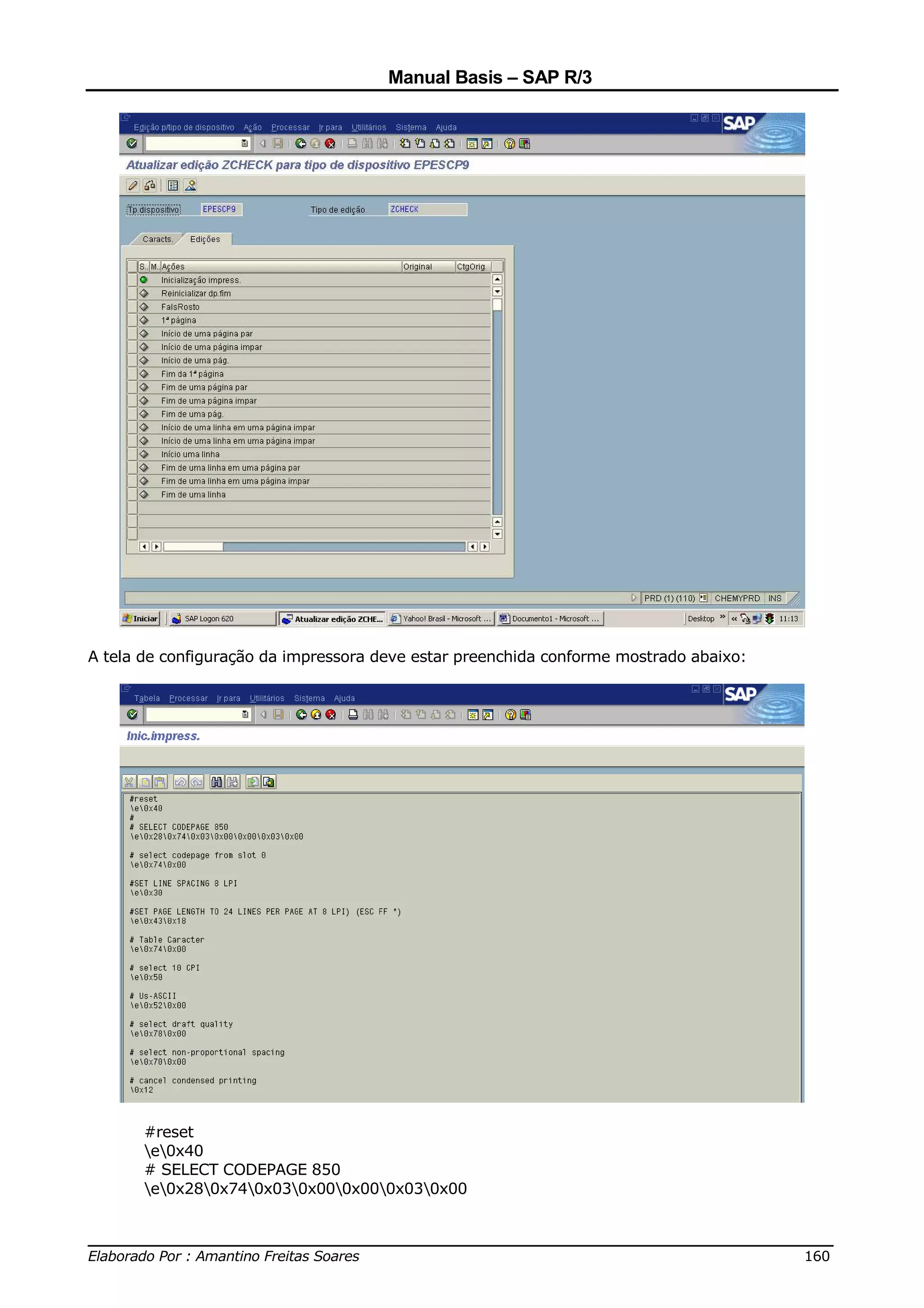 Manual Basis – SAP R/3




A tela de configuração da impressora deve estar preenchida conforme mostrado abaixo:




       #reset
       e0x40
       # SELECT CODEPAGE 850
       e0x280x740x030x000x000x030x00


______________________________________________________________________________
Elaborado Por : Amantino Freitas Soares                                    160
 