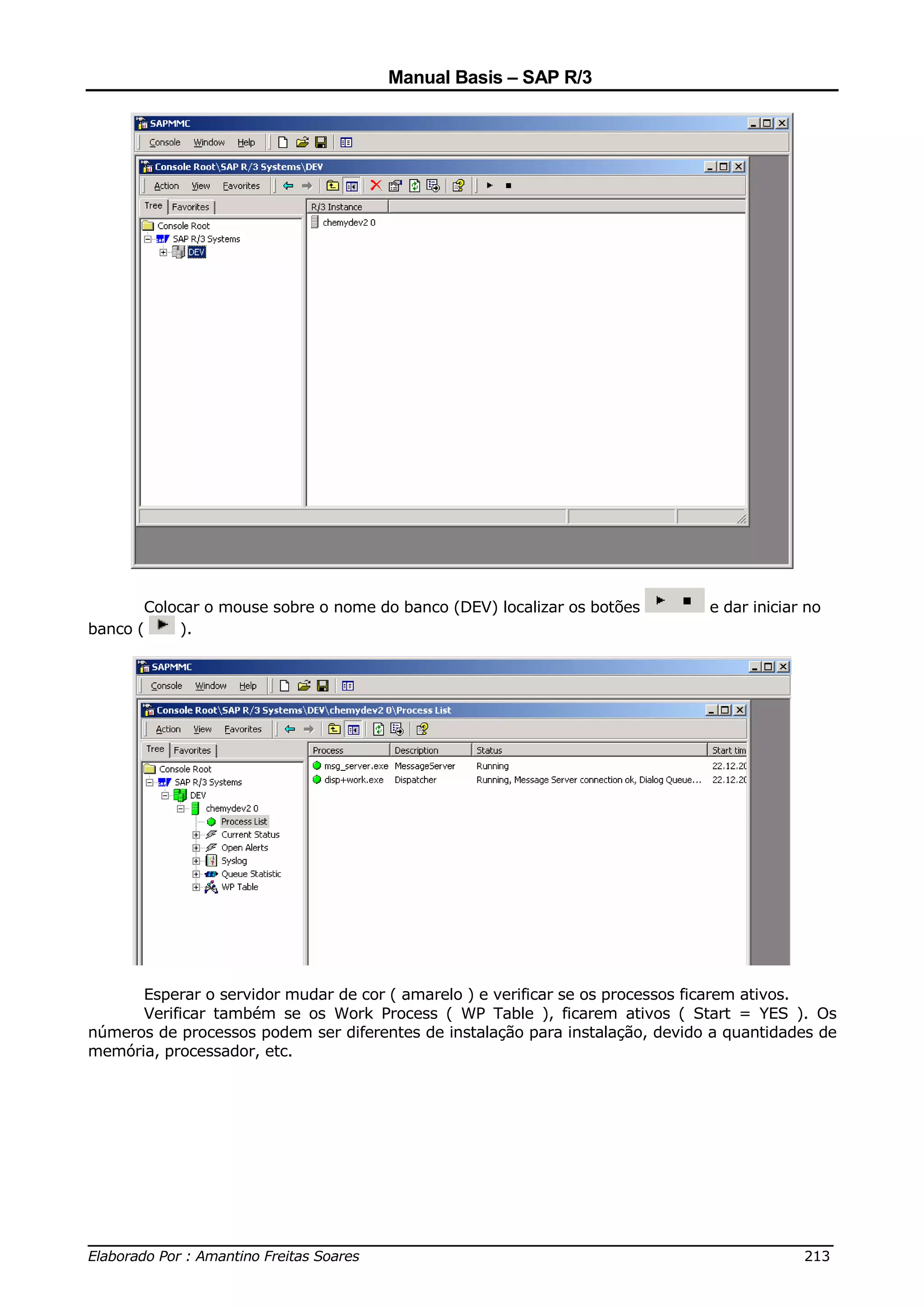 Manual Basis – SAP R/3




       Colocar o mouse sobre o nome do banco (DEV) localizar os botões         e dar iniciar no
banco (    ).




      Esperar o servidor mudar de cor ( amarelo ) e verificar se os processos ficarem ativos.
      Verificar também se os Work Process ( WP Table ), ficarem ativos ( Start = YES ). Os
números de processos podem ser diferentes de instalação para instalação, devido a quantidades de
memória, processador, etc.




______________________________________________________________________________
Elaborado Por : Amantino Freitas Soares                                    213
 