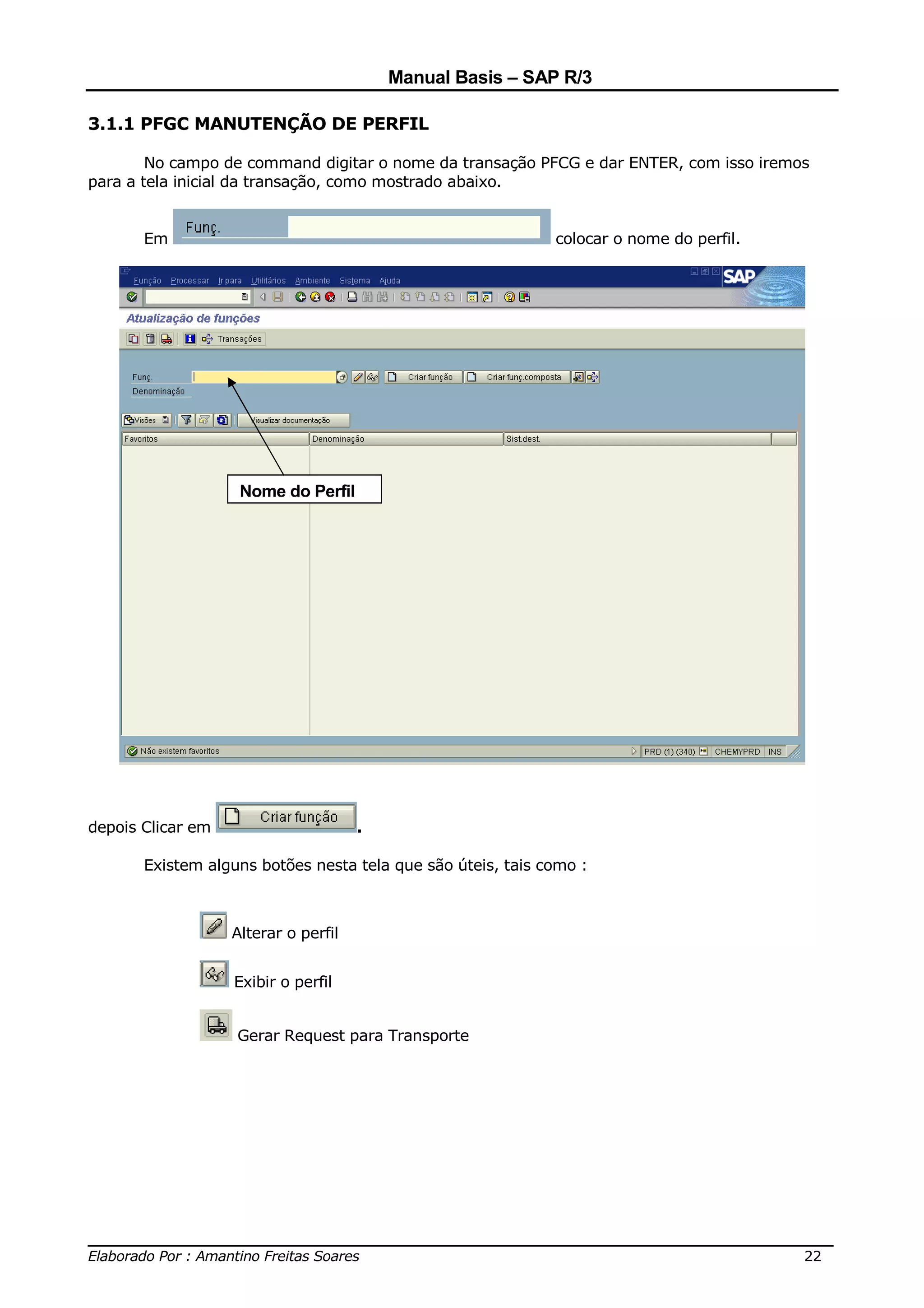 Manual Basis – SAP R/3

3.1.1 PFGC MANUTENÇÃO DE PERFIL

        No campo de command digitar o nome da transação PFCG e dar ENTER, com isso iremos
para a tela inicial da transação, como mostrado abaixo.


       Em                                                    colocar o nome do perfil.




                    Nome do Perfil




depois Clicar em                      .

       Existem alguns botões nesta tela que são úteis, tais como :



                   Alterar o perfil


                   Exibir o perfil


                   Gerar Request para Transporte




______________________________________________________________________________
Elaborado Por : Amantino Freitas Soares                                    22
 
