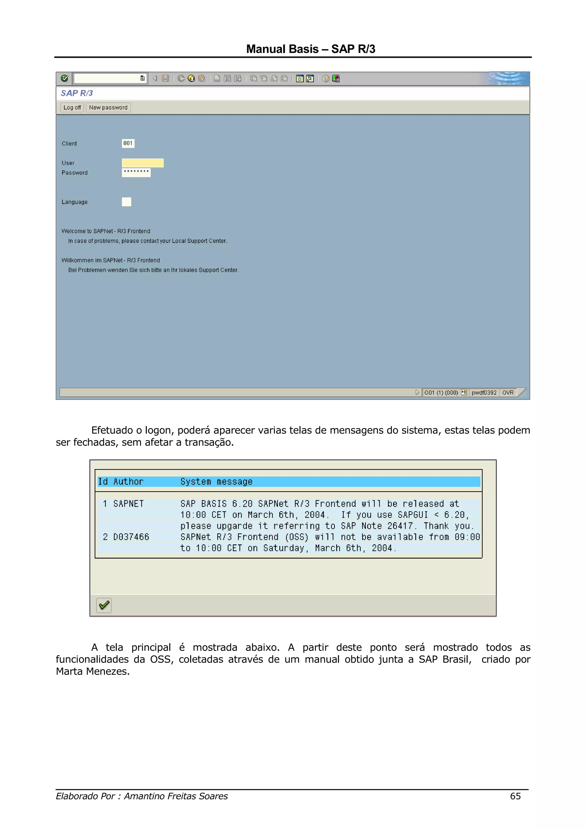 Manual Basis – SAP R/3




        Efetuado o logon, poderá aparecer varias telas de mensagens do sistema, estas telas podem
ser fechadas, sem afetar a transação.




       A tela principal é mostrada abaixo. A partir deste ponto será mostrado todos as
funcionalidades da OSS, coletadas através de um manual obtido junta a SAP Brasil, criado por
Marta Menezes.




______________________________________________________________________________
Elaborado Por : Amantino Freitas Soares                                    65
 
