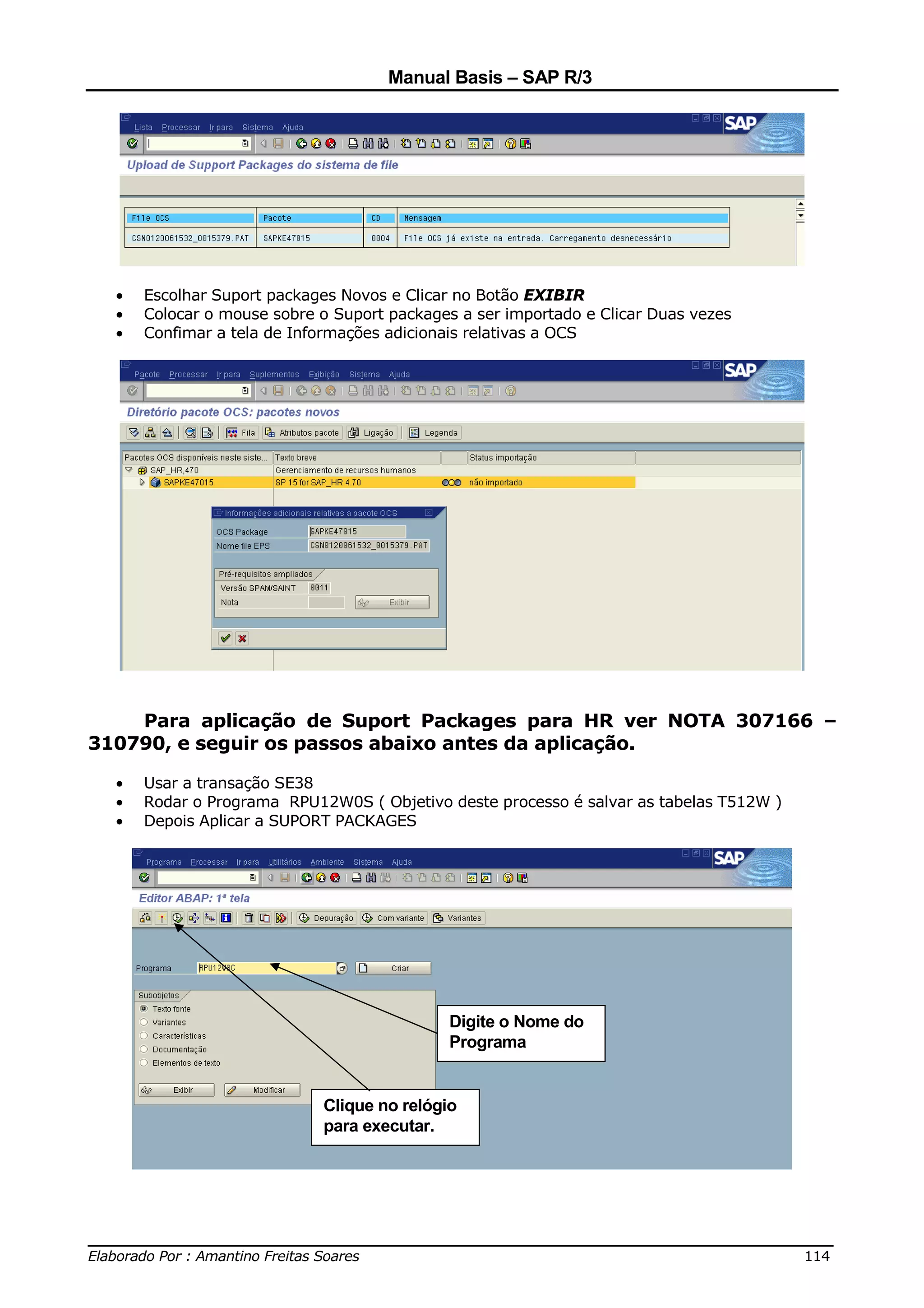 Manual Basis – SAP R/3




  •   Escolhar Suport packages Novos e Clicar no Botão EXIBIR
  •   Colocar o mouse sobre o Suport packages a ser importado e Clicar Duas vezes
  •   Confimar a tela de Informações adicionais relativas a OCS




    Para aplicação de Suport Packages para HR ver NOTA 307166 –
310790, e seguir os passos abaixo antes da aplicação.

  •   Usar a transação SE38
  •   Rodar o Programa RPU12W0S ( Objetivo deste processo é salvar as tabelas T512W )
  •   Depois Aplicar a SUPORT PACKAGES




                                            Digite o Nome do
                                            Programa


                            Clique no relógio
                            para executar.




______________________________________________________________________________
Elaborado Por : Amantino Freitas Soares                                    114
 