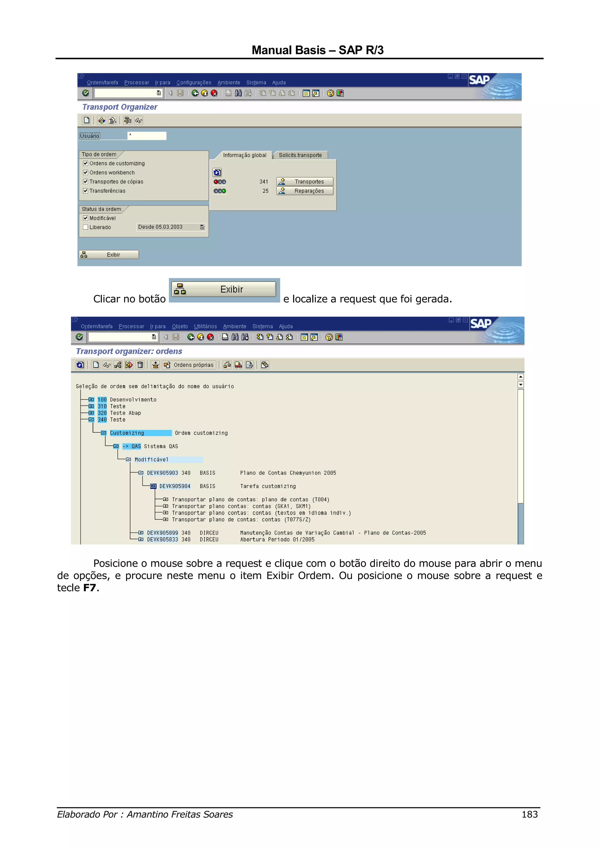 Manual Basis – SAP R/3




       Clicar no botão                       e localize a request que foi gerada.




        Posicione o mouse sobre a request e clique com o botão direito do mouse para abrir o menu
de opções, e procure neste menu o item Exibir Ordem. Ou posicione o mouse sobre a request e
tecle F7.




______________________________________________________________________________
Elaborado Por : Amantino Freitas Soares                                    183
 