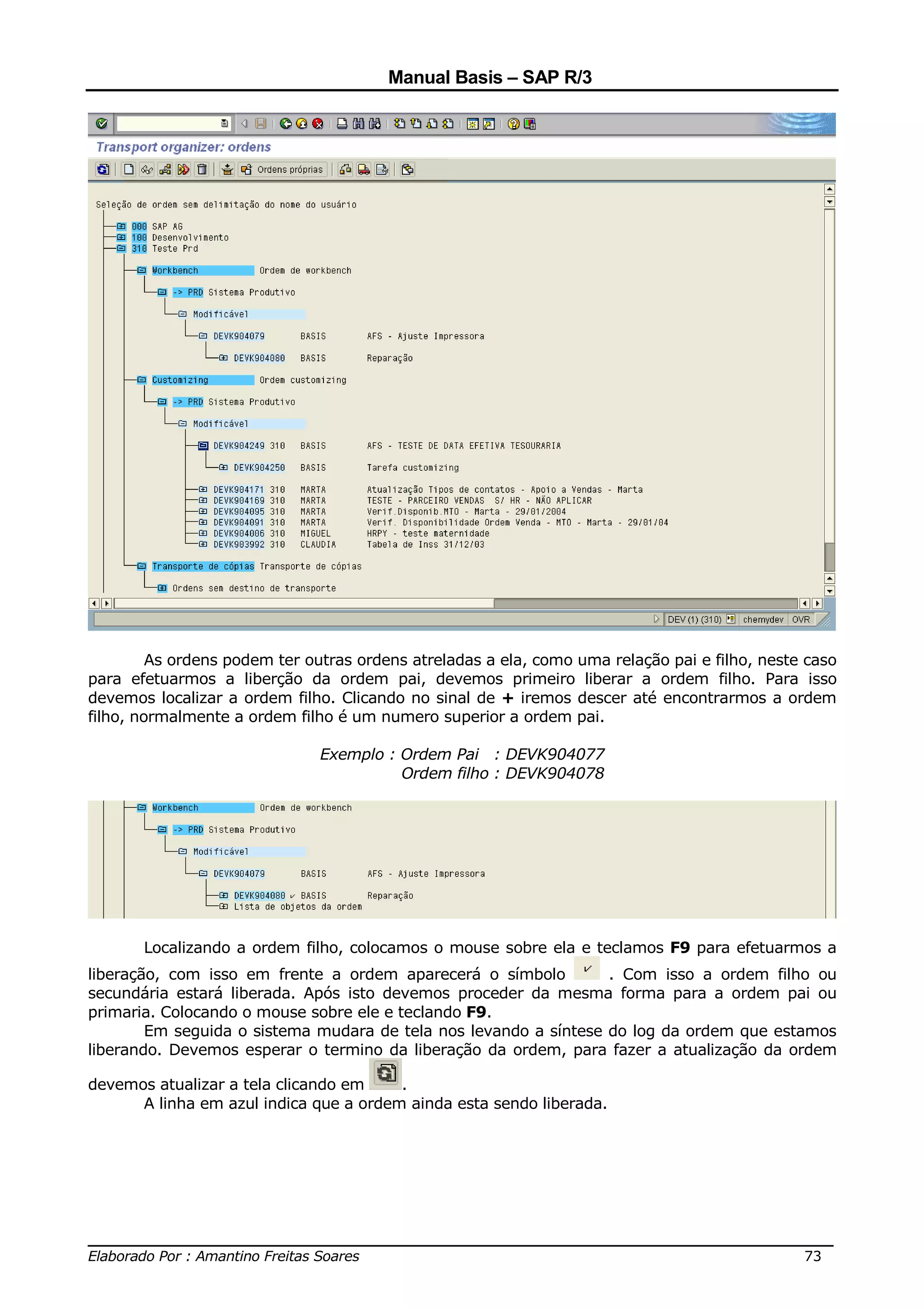 Manual Basis – SAP R/3




         As ordens podem ter outras ordens atreladas a ela, como uma relação pai e filho, neste caso
para efetuarmos a liberção da ordem pai, devemos primeiro liberar a ordem filho. Para isso
devemos localizar a ordem filho. Clicando no sinal de + iremos descer até encontrarmos a ordem
filho, normalmente a ordem filho é um numero superior a ordem pai.

                              Exemplo : Ordem Pai : DEVK904077
                                        Ordem filho : DEVK904078




       Localizando a ordem filho, colocamos o mouse sobre ela e teclamos F9 para efetuarmos a
liberação, com isso em frente a ordem aparecerá o símbolo         . Com isso a ordem filho ou
secundária estará liberada. Após isto devemos proceder da mesma forma para a ordem pai ou
primaria. Colocando o mouse sobre ele e teclando F9.
        Em seguida o sistema mudara de tela nos levando a síntese do log da ordem que estamos
liberando. Devemos esperar o termino da liberação da ordem, para fazer a atualização da ordem

devemos atualizar a tela clicando em    .
      A linha em azul indica que a ordem ainda esta sendo liberada.




______________________________________________________________________________
Elaborado Por : Amantino Freitas Soares                                    73
 