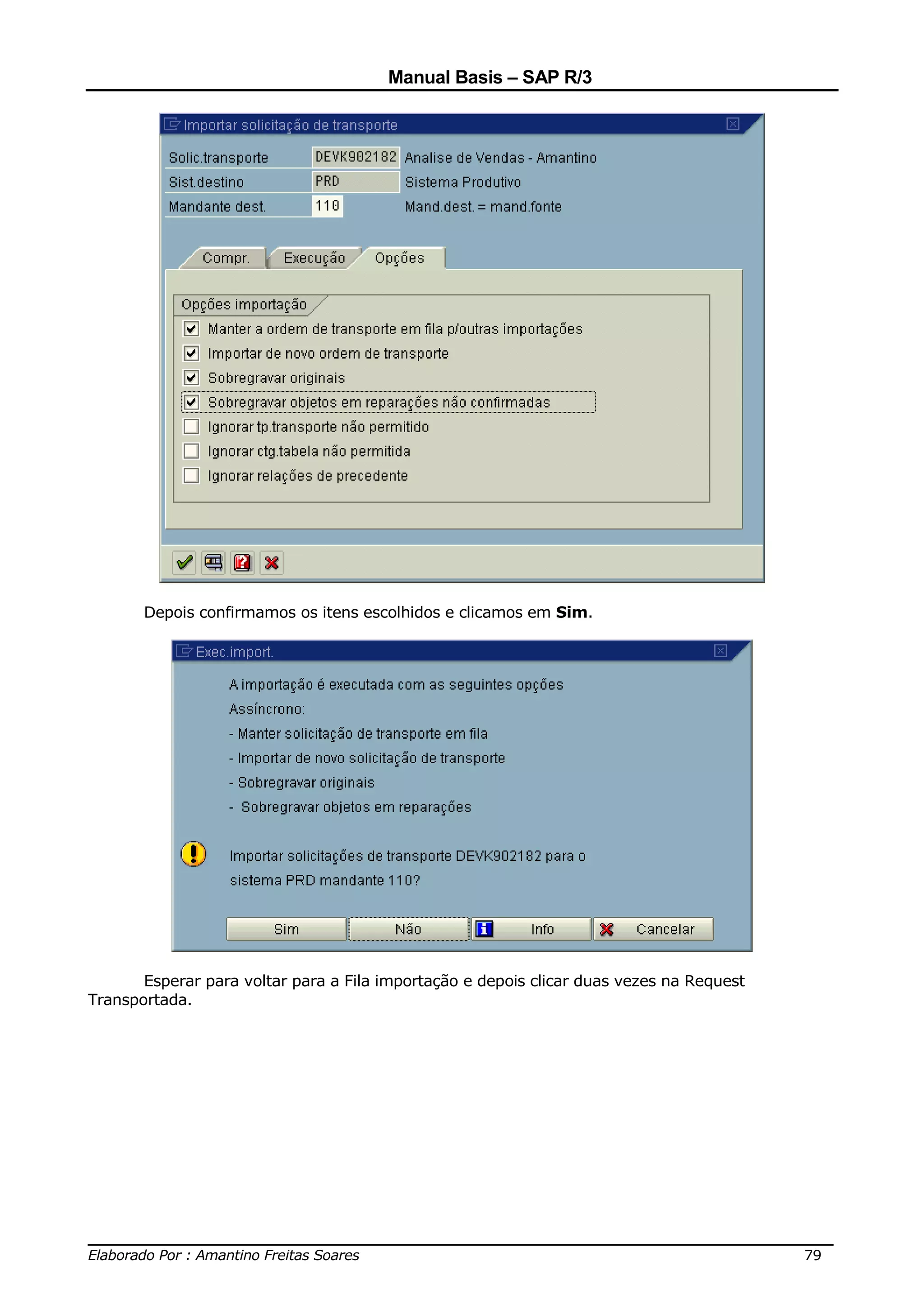 Manual Basis – SAP R/3




       Depois confirmamos os itens escolhidos e clicamos em Sim.




       Esperar para voltar para a Fila importação e depois clicar duas vezes na Request
Transportada.




______________________________________________________________________________
Elaborado Por : Amantino Freitas Soares                                    79
 
