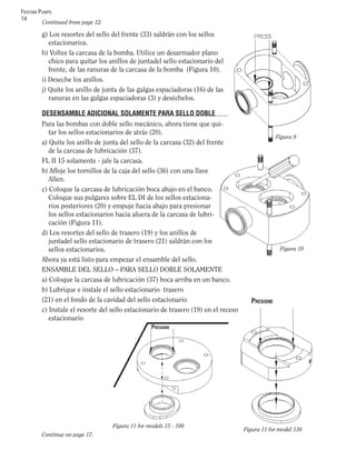 FRISTAM PUMPS
14
g) Los resortes del sello del frente (33) saldrán con los sellos
estacionarios.
h) Voltee la carcasa de la bomba. Utilice un desarmador plano
chico para quitar los anillos de juntadel sello estacionario del
frente, de las ranuras de la carcasa de la bomba (Figura 10).
i) Deseche los anillos.
j) Quite los anillo de junta de las galgas espaciadoras (16) de las
ranuras en las galgas espaciadoras (3) y deséchelos.
DESENSAMBLE ADICIONAL SOLAMENTE PARA SELLO DOBLE
Para las bombas con doble sello mecánico, ahora tiene que qui-
tar los sellos estacionarios de atrás (20).
a) Quite los anillo de junta del sello de la carcasa (32) del frente
de la carcasa de lubricación (37).
FL II 15 solamente - jale la carcasa.
b) Aﬂoje los tornillos de la caja del sello (36) con una llave
Allen.
c) Coloque la carcasa de lubricación boca abajo en el banco.
Coloque sus pulgares sobre EL DI de los sellos estaciona-
rios posteriores (20) y empuje hacia abajo para presionar
los sellos estacionarios hacia afuera de la carcasa de lubri-
cación (Figura 11).
d) Los resortes del sello de trasero (19) y los anillos de
juntadel sello estacionario de trasero (21) saldrán con los
sellos estacionarios.
Ahora ya está listo para empezar el ensamble del sello.
ENSAMBLE DEL SELLO – PARA SELLO DOBLE SOLAMENTE
a) Coloque la carcasa de lubricación (37) boca arriba en un banco.
b) Lubrique e instale el sello estacionario trasero
(21) en el fondo de la cavidad del sello estacionario
c) Instale el resorte del sello estacionario de trasero (19) en el receso
estacionario
Continued from page 12.
Continue on page 17.
Figura 9
Figura 10
Figura 11 for models 15 - 100
PRESIONE
Figura 11 for model 130
PRESIONE
 