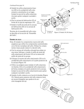 FLII SERIES PUMP
17
d) Instale los sellos estacionarios trase-
ros (20) en la cavidad del sello esta-
cionario y presiónelos en su lugar.
Limpie la cara de los sellos estaciona-
rios para quitar cualquier suciedad o
aceite.
e) Fije la carcasa de lubricación (37) al
frente de la caja de engranajes (15).
f) Instale el anillo de junta de la carcasa
de lubricación (32) en la carcasa de
lubricación (37).
Termine de el ensamble del sello como
se describe en la sección de “Ensamble
del Sello”.
ENSAMBLE DEL SELLO
Nota: Al instalar los componentes nuevos del sello
asegúrese que utilice los componentes suministrados
con el kit de reemplazo del sello. Utilizar los compo-
nentes viejos puede reducir la vida del sello.
a) Con la carcasa de la bomba colocada boca abajo en
una mesa, lubrique e instale el anillo de junta del
sello estacionario del frente (13) en la ranura del
anillo de junta de la carcasa.
b) Coloque el resorte del sello estacionario (33) en la
cavidad del sello estacionario en la parte posterior de
la carcasa (Figura 14)
c) Utilice sus pulgares para instalar el sello estaciona-
rio frpmta; (14) en la cavidad del sello estacionario
de forma ovalada en la parte posterior de la carcasa.
Limpie la cara de los sellos estacionarios para quitar
cualquier suciedad o aceite.
d) Instale el sello rotatorio en el eje de la bomba (Figura
15). Nota:la parte posterior del sello rotatorio tiene
un receso triangular que queda en la sec-
ción triangular del eje.
Continued from page 14.
Figura 15
Figura 13 Models 58-100 shown
Sello
estacionario
Empaque de
la cubierta
Tornillos para carcasa con
cascade (lubricación)
Resorte
Anillo de junta
Carcasa con cascada
(lubricación)
Figura 14
Sello estacionario
Resorte
Anillo de junta
 