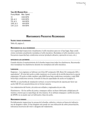 FLII SERIES PUMP
7
TABLE A4: MAXIMUM SPEED
Pump Model Max. Speed
15 1800 RPM
58L & S 1000 RPM
75L & S 800 RPM
100L & S 600 RPM
130 L & S 600 RPM
MANTENIMIENTO PREVENTIVO RECOMENDADO
VALORES TORQUES RECOMENDADOS
Tabla A2, página 5.
MANTENIMIENTO DEL SELLO RECOMENDADO
Con regularidad inspeccione visualmente el sello mecánico para ver si hay fugas. Bajo condi-
ciones normales anualmente reemplace el sello mecánico. Reemplace el sello mecánico con la
frecuencia requerida bajo condiciones severas (producto abrasivo, operación en seco, etc.).
NSPECCION DE LOS ELASTOMEROS
Cuando efectúe el mantenimiento de la bomba inspeccione todos los elastómeros. Recomenda-
mos reemplazar los elastómeros durante los reemplazos del sello mecánico.
LUBRICACION
Engranes – Los engranes se lubrican con Citco EP compuesto 220, Benz Oil compuesto 220 o
equivalente*. El nivel del aceite se debe mantener en el centro de la mirilla lateral de la caja de
engranajes. El aceite se debe cambiar cada 4000 horas bajo condiciones normales y cada 2000
horas bajo condiciones severas. Consulte la lista de capacidades de aceite en la página 4.
•NOTA: en una bomba de instalación vertical, si ocurre formación de espuma por favor use
aceite SAE 50 con características de no formar espuma.
Los rodamientos del frente y de atrás son sellados y engrasados de por vida.
Elastómeros – En los anillos de junta y empaques utilice un buen lubricante calidad para ali-
mentos a menos que se especiﬁque de otra manera. Si se utilizan empaques o anillos de junta
de EPDM, no se puede usar un lubricante a base de aceite.
MANTENIMIENTO PERIODICO
Periódicamente inspeccione la carcasa de la bomba, cubierta y rotores en busca de indicacio-
nes de desgaste o daño. Si hay desgaste esto puede ser una indicación de sobre presurización,
tolerancia incorrecto del rotor o desgaste del rodamiento.
 
