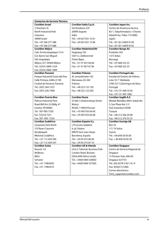Prefacio 
Contactos de Servicio Técnico: 
Covidien Israel 
5 Shacham St. 
North Industrial Park 
Caesarea 
38900 Israel 
Tel.: +97 246 277 388 
Fax: +97 266 277 688 
Covidien Italia S.p.A. 
Via Rivoltana 2/D 
20090 Segrate 
Italia 
Tel.: +39 027 031 72 61 
Fax: +39 027 031 72 84 
Covidien Japan Inc. 
Centro de Asistencia técnica 
83-1, Takashimadaira 1-Chome 
Itabashi-ku, Tokio 175-0082 
Japón 
Tel.: +81 (0) 3 6859 0120 
Fax: +81 (0) 3 6859 0142 
Covidien Méjico 
Calz. Ermita Iztapalapa 1514 
Col. Barrio San Miguel 
Del. Iztapalapa 
Méjico, D.F. 09360 Méjico 
Tel.: (5255) 5804-1524 
Fax: (5255) 5685-1899 
Covidien Nederland BV 
Hogeweg 105 
5301 LL Zaltbommel 
Países Bajos 
Tel.: +31 41 857 66 68 
Fax: +31 41 857 67 96 
Covidien Norge AS 
Postboks 343 
1372 Asker. 
Noruega 
Tel.: +47 668 522 22 
Fax: +47 668 522 23 
Covidien Panamá 
Parque Industrial Costa del Esta 
Calle Primera, Edifio # 109 
Ciudad de Panamá, Panamá 
Tel.: (507) 264-7337 
Fax: (507) 236-7408 
Covidien Polonia 
Al. Jerozolimskie 162 
Warszawa. 02-342 
Polonia 
Tel.: +48 223 122 130 
Fax: +48 223 122 020 
Covidien Portugal Lda. 
Estrada do Outeiro de Polima, 
Lote 10-1° Abóboda 
2785-521 S.Domingos de Rana 
Portugal 
Tel.: +35 121 448 10 36 
Fax: +35 121 445 1082 
Covidien Puerto Rico 
Palmas Industrial Park 
Road 869 Km 2.0 Bdlg. #1 
Cataño, PR 00962 
Tel.: 787-993-7250 
Ext. 7222 & 7221 
Fax: 787 -993 -7234 
Covidien Rusia 
53 bld. 5 Dubininskaya Street 
Moscú 
RUSIA. 119054 России 
Tel.: +70 495 933 64 69 
Fax: +70 495 933 64 68 
Covidien Saglik A.S. 
Maslak Mahallesi Bilim Sokak No: 
5, Sun Plaza Kat: 2-3 
Sisli, Estambul 34398 
Turquía 
Tel.: +90 212 366 20 00 
Fax: +90 212 276 35 25 
Covidien Sudáfrica 
Corporate Park North 
379 Roan Crescent 
Randjespark 
Midrand, Sudáfrica 
Tel.: +27 115 429 500 
Fax: +27 115 429 547 
Covidien España S.L. 
c/Fructuós Gelabert 
6, pl. Sótano 
08970 Sant Joan Despí 
Barcelona, España 
Tel.: +34 93 475 86 69 
Fax: +34 93 373 87 10 
Covidien Sverige AB 
Box 54 
171 74 Solna 
Suecia 
Tel.: +46 858 56 05 00 
Fax: + 46 858 56 05 29 
Covidien Suiza 
Roosstr. 53 
Wollerau 
8832 
Schweiz 
Tel.: +41 17865050 
Fax: +41 17865010 
Covidien UK & Irlanda 
Unit 2, Talisman Business Park 
London Road, Bicester 
OX26 6HR, Reino Unido 
Tel.: +44(0)1869 328092 
Fax: +44(0)1869 327585 
Covidien Singapur 
Centro de Servicio Regional de 
Singapur 
15 Pioneer Hub, #06-04 
Singapur 627753 
Tel.: (65) 6578 5187 / 8 / 9 
Fax: (65)6515 5260. 
Correo electrónico: 
Tech_support@covidien.com 
Manual del usuario xi 
 