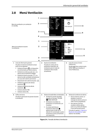 Información general del ventilador 
2.8 Menú Ventilación 
2 Ajustes de ventilación: 
Visualiza los valores de los 
parámetros específicos de 
ventilación para el modo de 
ventilación seleccionado 
actualmente. 
3 Línea de acceso al menú 
5 Ventana de estado/datos monitorizados: 
• Ventilación parada (Standby): 
visualiza el mensaje: “PULSAR 
PARA VENTILAR”. 
• Ventilación encendida: los 
parámetros se monitorizan y se 
visualizan. 
• El símbolo del Esfuerzo 
Inspiratorio Detectado 
aparece junto al valor de la 
relación I:E monitorizado cuando 
el paciente acciona activamente 
una respiración. 
5 
6 
5 
6 
6 Ventana de condiciones de alarma: 
Figura 2-4. Pantalla del Menú Ventilación 
Menú de ventilación con ventilación 
en standby. 
Menú de ventilación durante 
la ventilación. 
1 Línea de información general: 
1 
2 
4 
Visualiza el modo de ventilación actual, 
junto con lo siguiente: 
• Símbolo de batería si el dispositivo 
está alimentado por batería interna. 
• Símbolo de sonido pausado si la 
alarma está actualmente inhibida. 
• Símbolo de alarma pausada si la 
3 
1 
2 
3 
4 
alarma ha sido cancelada manualmente 
y la causa de la alarma permanece. 
• Desactivación de la alarma de apnea 
• Símbolo la presencia de válvula 
espiratoria . 
• Símbolo la ausencia de válvula 
espiratoria . 
• Símbolo absoluto ABS. 
• Símbolo relativo REL. 
Preferencias: 
Resalte esta línea y pulse la tecla 
INTRO para visualizar el 
menú Preferencias. 
4 Gráfica de barras: 
Visualiza la generación de presión durante 
la ventilación. 
• Para las alarmas activas, se 
desplaza a través de 
mensajes de alarma activa en 
vídeo inverso parpadeante. 
• Para alarmas inactivas, 
visualiza la última alarma 
junto con su fecha de disparo 
y hora del final del evento. 
Consulte el capítulo 3, “Alarmas y 
Resolución de problemas” para 
obtener más detalles. 
Manual del usuario 2-7 
 