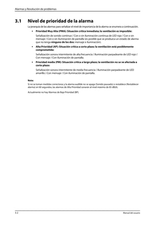 Alarmas y Resolución de problemas 
3.1 Nivel de prioridad de la alarma 
La jerarquía de las alarmas para señalizar el nivel de importancia de la alarma se enumera a continuación. 
• Prioridad Muy Alta (PMA): Situación crítica inmediata; la ventilación es imposible: 
Señalización de sonido continuo / Con o sin iluminación continua de LED rojo / Con o sin 
mensaje / Con o sin iluminación de pantalla (es posible que se produzca un estado de alarma 
que no tenga ninguno de los dos: mensaje e iluminación). 
• Alta Prioridad (AP): Situación crítica a corto plazo; la ventilación está posiblemente 
comprometida: 
Señalización sonora intermitente de alta frecuencia / Iluminación parpadeante de LED rojo / 
Con mensaje / Con iluminación de pantalla. 
• Prioridad media (PM): Situación crítica a largo plazo; la ventilación no se ve afectada a 
corto plazo: 
Señalización sonora intermitente de media frecuencia / Iluminación parpadeante de LED 
amarillo / Con mensaje / Con iluminación de pantalla. 
Nota: 
Si no se toman medidas correctoras y la alarma audible no se apaga (Sonido pausado) o restablece (Restablecer 
alarma) en 60 segundos, las alarmas de Alta Prioridad sonarán al nivel máximo de 85 dB(A). 
Actualmente no hay Alarmas de Baja Prioridad (BP). 
3-2 Manual del usuario 
 