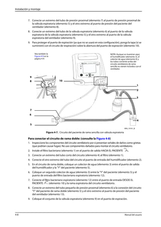 Instalación y montaje 
7. Conecte un extremo del tubo de presión proximal (elemento 7) al puerto de presión proximal de 
la válvula espiratoria (elemento 5) y el otro extremo al puerto de presión del paciente del 
ventilador (elemento 8). 
8. Conecte un extremo del tubo de la válvula espiratoria (elemento 6) al puerto de la válvula 
espiratoria de la válvula espiratoria (elemento 5) y el otro extremo al puerto de la válvula 
espiratoria del ventilador (elemento 9). 
9. Para proteger el puerto de espiración (ya que no se usará en esta configuración), ponga la tapa (si se 
suministró con el circuito de respiración) sobre la abertura del puerto de espiración (elemento 10). 
Vea también la 
Figura 4-9 en la 
página 4-9. 
NOTA: Aunque se muestran aquí, 
el humidificador (elemento 3), el 
colector de agua (elemento 4) y 
los tubos corriente arriba del 
circuito ventilatorio de rama 
sencilla no vienen incluidos con el 
ventilador. 
9 
8 10 
Figura 4-7. Circuito del paciente de rama sencilla con válvula espiratoria 
1 
2 
3 
4 
7 
6 
5 
Para conectar el circuito de rama doble: (consulte la Figura 4-8) 
1. Inspeccione los componentes del circuito ventilatorio por si presentan señales de daños como grietas 
(que podrían causar fugas). No use componentes dañados para montar el circuito ventilatorio. 
2. Instale el filtro bacteriano (elemento 1) en el puerto de salida HACIA EL PACIENTE . 
3. Conecte un extremo del tubo corto del circuito (elemento 4) al filtro (elemento 1). 
4. Conecte el otro extremo del tubo del circuito al puerto de entrada del humidificador (elemento 2). 
5. En el circuito de rama doble, coloque un colector de agua (elemento 3) entre el puerto de salida 
del humidificador y la "Y" del paciente (elemento 5). 
6. Coloque un segundo colector de agua (elemento 3) entre la "Y" del paciente (elemento 5) y el 
puerto de entrada del filtro bacteriano espiratorio (elemento 12). 
7. Conecte el filtro bacteriano espiratorio (elemento 12) entre el puerto de entrada DESDE EL 
PACIENTE (elemento 10) y la rama espiratoria del circuito ventilatorio. 
8. Conecte un extremo del tubo pequeño de presión proximal (elemento 6) a la conexión del circuito 
"Y" del paciente de rama doble (elemento 5) y el otro extremo al puerto de presión del paciente 
del ventilador (elemento 13). 
9. Coloque el conjunto de la válvula espiratoria (elemento 9) en el puerto de espiración. 
4-8 Manual del usuario 
 
