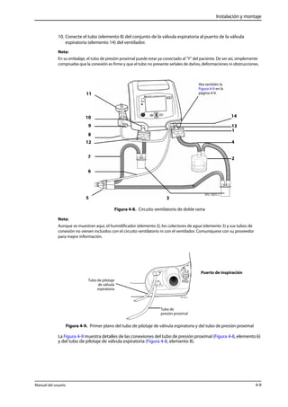 Instalación y montaje 
10. Conecte el tubo (elemento 8) del conjunto de la válvula espiratoria al puerto de la válvula 
espiratoria (elemento 14) del ventilador. 
Nota: 
En su embalaje, el tubo de presión proximal puede estar ya conectado al "Y" del paciente. De ser así, simplemente 
compruebe que la conexión es firme y que el tubo no presente señales de daños, deformaciones ni obstrucciones. 
Vea también la 
Figura 4-9 en la 
página 4-9. 
3 
Figura 4-8. Circuito ventilatorio de doble rama 
14 
13 
1 
4 
2 
11 
10 
9 
8 
12 
7 
6 
5 
Nota: 
Aunque se muestran aquí, el humidificador (elemento 2), los colectores de agua (elemento 3) y sus tubos de 
conexión no vienen incluidos con el circuito ventilatorio ni con el ventilador. Comuníquese con su proveedor 
para mayor información. 
Tubo de 
presión proximal 
Tubo de pilotaje 
de válvula 
espiratoria 
Puerto de inspiración 
Figura 4-9. Primer plano del tubo de pilotaje de válvula espiratoria y del tubo de presión proximal 
La Figura 4-9 muestra detalles de las conexiones del tubo de presión proximal (Figura 4-8, elemento 6) 
y del tubo de pilotaje de válvula espiratoria (Figura 4-8, elemento 8). 
Manual del usuario 4-9 
 
