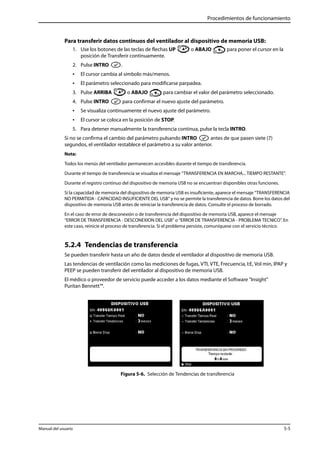 Procedimientos de funcionamiento 
Para transferir datos continuos del ventilador al dispositivo de memoria USB: 
1. Use los botones de las teclas de flechas UP o ABAJO para poner el cursor en la 
posición de Transferir continuamente. 
2. Pulse INTRO . 
• El cursor cambia al símbolo más/menos. 
• El parámetro seleccionado para modificarse parpadea. 
3. Pulse ARRIBA o ABAJO para cambiar el valor del parámetro seleccionado. 
4. Pulse INTRO para confirmar el nuevo ajuste del parámetro. 
• Se visualiza continuamente el nuevo ajuste del parámetro. 
• El cursor se coloca en la posición de STOP. 
5. Para detener manualmente la transferencia continua, pulse la tecla INTRO. 
Si no se confirma el cambio del parámetro pulsando INTRO antes de que pasen siete (7) 
segundos, el ventilador restablece el parámetro a su valor anterior. 
Nota: 
Todos los menús del ventilador permanecen accesibles durante el tiempo de transferencia. 
Durante el tiempo de transferencia se visualiza el mensaje “TRANSFERENCIA EN MARCHA... TIEMPO RESTANTE”. 
Durante el registro continuo del dispositivo de memoria USB no se encuentran disponibles otras funciones. 
Si la capacidad de memoria del dispositivo de memoria USB es insuficiente, aparece el mensaje “TRANSFERENCIA 
NO PERMITIDA - CAPACIDAD INSUFICIENTE DEL USB” y no se permite la transferencia de datos. Borre los datos del 
dispositivo de memoria USB antes de reiniciar la transferencia de datos. Consulte el proceso de borrado. 
En el caso de error de desconexión o de transferencia del dispositivo de memoria USB, aparece el mensaje 
“ERROR DE TRANSFERENCIA - DESCONEXION DEL USB” o “ERROR DE TRANSFERENCIA - PROBLEMA TECNICO”. En 
este caso, reinicie el proceso de transferencia. Si el problema persiste, comuníquese con el servicio técnico. 
5.2.4 Tendencias de transferencia 
Se pueden transferir hasta un año de datos desde el ventilador al dispositivo de memoria USB. 
Las tendencias de ventilación como las mediciones de fugas, VTI, VTE, Frecuencia, I:E, Vol min, IPAP y 
PEEP se pueden transferir del ventilador al dispositivo de memoria USB. 
El médico o proveedor de servicio puede acceder a los datos mediante el Software "Insight" 
Puritan Bennett™. 
Figura 5-6. Selección de Tendencias de transferencia 
Manual del usuario 5-5 
 