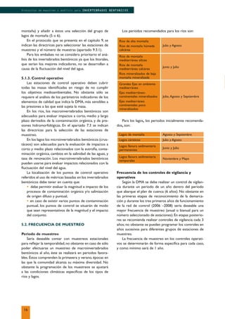 Ríos de alta montaña
Ríos de montaña húmeda
calcárea
Julio y Agosto
Ríos de montaña
mediterránea silícea
Ríos de montaña
mediterránea calcárea
Ríos mineralizados de baja
montaña mineralizada
Junio y Julio
Grandes Ejes en ambiente
mediterráneo
Ejes mediterráneo-
continentales mineralizados
Ejes mediterráneo
continentales poco
mineralizados
Julio, Agosto y Septiembre
Lagos de montaña Agosto y Septiembre
Lagos cársticos Julio y Agosto
Lagos llanura sedimentaria
permanentes
Junio y Julio
Lagos llanura sedimentaria
temporales
Noviembre y Mayo
montaña) y añadir a éstos una selección del grupo de
lagos de montaña (5 o 6).
En el protocolo que se presenta en el capítulo 9, se
indican las directrices para seleccionar las estaciones de
muestreo y el número de muestras (apartado 9.3.1).
Para los embalses no se considera prioritario el aná-
lisis de los invertebrados bentónicos ya que los litorales,
que serían los mejores indicadores, no se desarrollan a
causa de la ﬂuctuación del nivel del agua.
5.1.3. Control operativo
Las estaciones de control operativo deben cubrir
todas las masas identiﬁcadas en riesgo de no cumplir
los objetivos medioambientales. No obstante sólo se
requiere el análisis de los parámetros indicadores de los
elementos de calidad que indica la DMA, más sensibles a
las presiones a las que esté sujeta la masa.
En los ríos, los macroinvertebrados bentónicos son
adecuados para evaluar impactos a corto, medio y largo
plazo derivados de la contaminación orgánica, y de pre-
siones hidromorfológicas. En el apartado 7.3 se indican
las directrices para la selección de las estaciones de
muestreo.
En los lagos los microinvertebrados bentónicos (crus-
táceos) son adecuados para la evaluación de impactos a
corto y medio plazo relacionados con la eutroﬁa, conta-
minación orgánica, cambios en la salinidad de las aguas, y
tasa de renovación. Los macroinvertebrados bentónicos
pueden usarse para evaluar impactos relacionados con la
ﬂuctuación del nivel del agua.
La localización de los puntos de control operativo
referidos al uso de métricas basadas en los invertebrados
bentónicos debe tener en cuenta que:
• debe permitir evaluar la magnitud e impacto de los
procesos de contaminación orgánica y/o salinización
de origen difuso y puntual,
• en caso de existir varios puntos de contaminación
puntual, los puntos de control se situarán de modo
que sean representativos de la magnitud y el impacto
del conjunto.
5.2. FRECUENCIA DE MUESTREO
Periodo de muestreo
Sería deseable contar con muestreos estacionales
para reﬂejar la temporalidad,no obstante en caso de sólo
poder efectuarse un muestreo de macroinvertebrados
bentónicos al año, éste se realizará en periodos favora-
bles. Éstos comprenden la primavera y verano, épocas en
las que la comunidad alcanza su máxima diversidad. No
obstante la programación de los muestreos se ajustará
a las condiciones climáticas especíﬁcas de los tipos de
ríos y lagos.
Los periodos recomendados para los ríos son:
Para los lagos, los periodos inicialmente recomenda-
dos, son:
Frecuencia de los controles de vigilancia y
operativos
Según la DMA se debe realizar un control de vigilan-
cia durante un periodo de un año dentro del periodo
que abarque el plan de cuenca (6 años). No obstante en
las primeras etapas de reconocimiento de la demarca-
ción y durante los tres primeros años de funcionamiento
de la red de control (2006 –2008) sería deseable una
mayor frecuencia de muestreo (anual o bianual para un
número seleccionado de estaciones). En etapas posterio-
res se recomienda realizar controles de vigilancia cada 3
años; no obstante se pueden programar los controles en
años sucesivos para diferentes grupos de estaciones de
muestreo.
La frecuencia de muestreo en los controles operati-
vos se determinarán de forma especíﬁca para cada caso,
y como mínimo será de 1 año.
16
Protocolos de muestreo y análisis para INVERTEBRADOS BENTONICOS
 