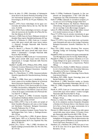 García de Jalón, D. (1981). Description of Hydropsyche
larvae found in the Iberian Peninsula. Procedings of the
3rd International Symposium on Trichoptera. Series
Entomologica, 20: 87-92. Dr. W. Junk Publishers, The
Hague.
Gasull, L. (1971). Fauna malacológica de las aguas con-
tinentales del Sudeste Ibérico. Bol. Soc. Hist. Nat. Bal-
eares, 16: 23-93.
Gasull, L. (1981). Fauna malacológica terrestre y de agua
dulce de la provincia de Castellón de la Plana. Bol. Soc.
Hist. Nat. Baleares, 25: 55-102.
Germain, L. (1969). Faune de France. Mollusques terrestres et
ﬂuviatiles. Klaus reprint. Nendeln/Liechtenstein. 817 pp.
Ghetti, P.F. y McKenzie, K. (1981). Guide per il riconosci-
mento delle specie animali delle acque interne italiane.
11. Ostracodi. Consiglio Nazionale delle Ricerche
AQ/1/108. 83 pp.
Girod, A., Bianchi, I. y Mariani, M. (1980). Guide per il
riconoscimento delle specie animali delle acque interne
italiane. 7. Gasteropodi, 1. Consiglio Nazionale delle
Ricerche AQ/1/44. 86 pp.
Giusti, F. y Pezzoli, E. (1980). Guide per il riconoscimento
delle specie animali delle acque interne italiane. 8.
Gasteropodi, 2. Consiglio Nazionale delle Ricerche
AQ/1/47. 67 pp.
Gledhill,T., Sutcliffe, D.W. y Williams,W.D. (1993).. British
Freshwater Crustacea Malacostraca:A Key with Ecological
Notes. Freshwater Biological Association. Scientiﬁc
Publication No. 52. 173 pp.
Glöer, P. y Meier-Brook, C. (1994). Süsswassermollusken
Deutscher Jugendbund für Naturbeo-bachtung. Hamburg.
136 pp.
González, G. (1998). Claves para la identiﬁcación de las
larvas y pupas de los simúlidos (Diptera) de la Península
Ibérica.Asociación Española de Limnología. 77 pp.
González, M., DaTerra, L.S.W., García de Jalón, D. y Cobo,
F. (1992). Lista faunística y bibliográﬁca de los Tricópteros
de la Península Ibérica e Islas Baleares. Listas de la ﬂora
y fauna de las aguas continentales de la Península Ibé-
rica. Publ. Nº 11. 200 pp.
Henry, J.P. y Magniez, G. (1983). Crustacées Isopodes
(principalment Asellotes). Bulletin mensuel de la Société
Linnéenne de Lyon, 52(10): 319-357.
Hynes, H.B.N. (1977). A key to the adults and nymphs of
British Stoneﬂies (Plecoptera) with notes on their Ecology
and Distribution. Freshwater Biological Association.
Scientiﬁc Publication No. 17. 92 pp.
Illies, J. (1978). Limnofauna Europaea. Gustav Fischer Ver-
lag-Stuttgart-New York, Swets y Zeitlinger-Amster-
dam. 532 pp.
Jiménez, J. M. y García-Más, I. (1981). El género Batraco-
bdella Viguier, 1879, en la Península Ibérica (Hirudi-
nea, Glossiphoniidae). Bol. R. Soc. Española Hist. Nat.
(Biol.), 79: 265-271.
Jiménez, J.M. y García – Más, I. (1982). Hirudíneos de
España: Catálogo provisional. Bolm. Soc. Port. Cièn. Nat.,
20: 119-125.
Kiefer, F. (1978a). Freilebende Copepoda. In: Das zoo-
plancton der binnengewässer, 2 Teil: 1-343 (Die Bin-
nengewässer 26, 2 Teil). Schweizerbart, Stuttgart.
Kiefer, F (1978b). Calanoida. In: Limnofauna europaea. J. Il-
ies (ed.): 211-213. G.F.Verlag. Stuttgart-New York.
Koste, W. (1978). Rotatoria. Die Radertiere Mitteleuropas
(Uberordnung Monogononta).Bestimmungswerk begrün-
det von max Voigt. 2 vols. (Borntraeger, Stuttgart).
Lafont, M. (1983).Annélides Oligochètes. Bulletin mensuel
de la Société Linnéenne de Lyon, 4: 108-135.
Macan T.T. (1975). Guía de animales. Invertebrados de agua
dulce. Ediciones Universidad de Navarra. Pamplona.
118 págs.
Macan,T.T. (1977). A key to the British fresh- and brackish-
water Gastropods with notes on their ecology.Freshwater
Biological Association. Scientiﬁc Publication No. 13.
46 pp.
Mann, K.H. (1962). Leeches (Hirudinea). Their structure,
Physiology, Ecology and Embryology. Pergamon Press,
201 pp.
Margalef,R.(1953).Los crustáceos de las aguas continentales ibé-
ricas. Min.Agricultura, Inst. For. Inv. Exp., Madrid 243 pp.
Margalef, R. (1955). Los organismos indicadores en la Lim-
nología. Biología de las aguas continentales. 12. Instituto
Forestal de Investigaciones y Experiencias. Madrid.
300 pp.
Martínez-Ortí,A. y Robles, F. (2003). Moluscos continenta-
les de la Comunidad Valenciana. Generalitat Valenciana.
Conselleria de Territori i Habitatge. 259 pp.
Mccafferty,W.P. (1981). Aquatic Entomology. Science Books
International. Boston.
McCafferty, W.P. (1983). Aquatic Entomology. Jones and
Bartlet Publishers, Inc. 448 pp.
Meier-Brook, C. (1983). Taxonomic studies on Gyraulus
(Gastropoda: Planorbidae). Malacología, 24(1-2): 1-113.
Miller, P.L. (1987). Dragonﬂies. Naturalists’ Handbooks, 7:
1-84.
Minelli, A. (1977). Guide per il riconoscimento delle specie
animali delle acque interne italiane 1. Irudinei. Consiglio
Nazionale delle Ricerche AQ/1/2. 43 pp.
Minelli, A. (1979). Fauna d’Italia: Hirudinea. Ed. Calderini.
Bologna. 152 pp.
Montes, C. y Soler,A.G. (1986). Lista faunística y bibliográ-
ﬁca de los coleópteros acuáticos Dryopoidea (Dryopidae
y Elmidae) de la Península Ibérica e Islas Baleares. Listas
de la ﬂora y fauna de las aguas continentales de la
Península Ibérica. Publ. Nº 3. 38 pp.
Moretti, G. (1983). Guide peri l riconoscimento delle especie
animali delle acque interne italiane. 19.Tricotteri. Consi-
glio Nazionalee delle Ricerche AQ/1/1996. 155 pp.
Mouthon, J. (1982). Les mollusques dulcicoles. Données
biologiques et écologiques.Clés de détermination des
principaux genres de Bivalves et de Gasterópodes de
France. Bull. Francç. Piscicultura, 5: 1-27.
Needham, J.G. y Needham, P.R. (1978). Guía para el estu-
dio de los seres vivos de las aguas dulces. Ed. Reverté.
Barcelona. 131 pp.
45
GLOSARIO Y BIBLIOGRAFÍA
 