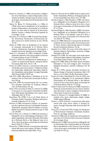 Nieser, N. y Montes, C. (1984). Lista faunística y bibliográ-
ﬁca de los Heterópteros acuáticos (Nepomorpha y Gerro-
morpha) de España y Portugal. Listas de la ﬂora y fauna
de las aguas continentales de la Península Ibérica.Publ.
Nº 1. 69 pp.
Nieser, N., Baena, M., Martínez-Avilés, J. y Millán, A.
(1994). Claves para la identiﬁcación de los heterópteros
acuáticos (Nepomorpha y Gerromorpha) de la Península
Ibérica- con notas sobre las especies de las Islas Azores,
Baleares, Canarias y Madeira. Asociación Española de
Limnología. 112 pp.
Nourisson, M. y Thiery, A. (1988. Crustacés Branchiopo-
des (Anostracés, Notostracés, Conchostracés). Bu-
lletin mensuel de la Société Linnéenne de Lyon, 57(3-4):
75-135.
Ocaña, A. (1990). Clave de identiﬁcación de las especies
de nematodos dulceacuícolas de la Península Ibérica
(órdenes: Monhysterida, Araeolaimida, Chromadorida y
Enoplida).Asociación Española de Limnología. 83 pp.
Pattée, E. y Gourbault, N. (1981). Turbellariés triclades
paludicoles (planaires d'eau douce).Bulletin mensuel de
la Société Linnéenne de Lyon, 9: 279-303.
Pinkster, S. (1973). The Echinogammarus berilloni-group, a
number of predominantly Iberian amphipod species
(Crustacea). Bijdr. Dierk., 43 (1): 1-38.
Pirisinu, Q. (1981). Guide peri l riconoscimento delle specie
animali delle acque interne italiane.13.Palpicorni (Coleop-
tera: Hydraenidae, Helophoridae, Spercheidae, Hydrochi-
dae, Hydrophilidae, Sphaeridiidae). Consiglio Nazionalle
delle Ricerche AQ/1/128. 97 pp.
Puig, M.A. (1984). Efemerópteros y Plecópteros de los ríos
catalanes.Tesis de Doctorado. Universidad de Barce-
lona, 533 pp.
Puig, M.A. (1999. Els macroinvertebrats dels rius catalans.
Guia il.lustrada. Generalitat de Catalunya. Departa-
ment de Medi Ambient. 251 pp.
Ramos, M.A.,Arconada, B., Rolán, E. y Moreno, D. (2000).
A new genus an a new species of hidrobiid snail (Mol-
lusca; Gastropoda; Hydrobiidae) from eastern Spain.
Malacologia, 43(1-2): 75-101.
Reynoldson, T.B. (1978). A key to the British Species of
Freshwater Triclads. Freshwater Biological Association.
Scientiﬁc Publication. Nº 23: 32 pp.
Richoux, P. (1982). Introduction pratique a la systemati-
que des organismes des eaux continentales françaises.
Coléoptères aquatiques (Genres: Adultes et Larves).
Bulletin mensuel de la Société Linnéenne de Lyon, 51 (4,8
y 9): 105-304.
Rico, E. Pérez, L.C. y Montes, C. (1990). Lista faunística y
bibliográﬁca de los Hydradephaga (Coleoptera: Hali-
plidae, Hygrobiidae, Gyrinidae, Noteridae, Dytiscidae)
de la Península Ibérica e Islas Baleares. Listas de la
ﬂora y fauna de las aguas continentales de la Península
Ibérica. Publ. Nº 7. 216 pp.
Rivosecchi,L.(1984).Guide per il riconoscimento delle specie
animali delle acque interne italiane. 28. Ditteri. Consiglio
Nazionale delle Ricerche AQ/1/206. 177 pp.
Rolán,E.y Martínez-Ortí,A.(2003).Nuevas especies de la
familia Hydrobiidae (Mollusca, Orthogastropoda) de
la Comunidad Valenciana. Iberus, 21(1): 191-206.
Sánchez-ortega, A. y Alba-Tercedor, J. (1987). Lista faunís-
tica y bibliográﬁca de los Plecópteros (Plecoptera) de la
Península Ibérica y Baleares. Listas de la ﬂora y fauna
de las aguas continentales de la Península Ibérica.Publ.
Nº 4. 133 pp.
Sánchez-Ortega,A. y Alba-Tercedor, J. (2002). Lista faunís-
tica y bibliográﬁca de los Plecópteros (Plecoptera) de la
Península Ibérica e Islas Baleares. Listas de la ﬂora y
fauna de las aguas continentales de la Península Ibé-
rica. Publ. Nº 16. 198 pp.
Sansoni,G.(1988).Atlante per il riconoscimento dei Macroin-
vertebrate dei corsi d’acqua italiani. ProvinciaAutonoma
di Trento. Stazione Sperimentale Agraria Forestales.
Servizio Protezione Ambiente. 191 pp.
Satchell, G. H. (1947). The larvae of the british species of
Psychoda (Diptera: Psychodidae). University College,
Nottingham, 38: 51-69.
Satchell, G.H. (1949). The early stages of the british species
of PericomaWalker (Diptera: Psychodidae). Transactions
of the Royal Society of London, 100 (15): 411-447.
Savage,A.A. (1989). Adults of the British aquatic Hemiptera
Heteroptera. A key with ecological notes. Freshwater
Biological Association. Scientiﬁc Publication No 50:
173 pp.
Sawyer, R.T. (1974). Leeches (Annelida: Hirudinea). En:
Pollution Ecology of Freshwater Invertebrates (Eds. C.W.
Hart, jr. y S.L.H. Fuller). Pp. 82-136.Academic Press.
Soriano, O., Cobo, F. Rieradevall, M. y Prat, N. (1997). Lista
faunística y bibliográﬁca de los quironómidos (Diptera,
Chironomidae) de la Península Ibérica e Islas Baleares.
Listas de la ﬂora y fauna de las aguas continentales de
la Península Ibérica. Publ. Nº 13. 210 pp.
Tachet H., Bournaud M. y Richoux P. (1980). Introduction a
l’étude des macroinvertebrées des eaux douces (Systéma-
tique élémentaire et aperçu écologique). Université lyon
I.Association française de Limnologie.
Tachet, H., Richoux, P y Usseglio-Polatera, P. (2000). In-
vertébrés d’eau douce. Systématique, biologie, écologie.
CNRS editions.588 págs.
Tamani, L. (1979). Guide per il riconoscimento delle specie
animali delle acque interne italiane. 6. Eterotteri Ac-
quatici. Consiglio Nazionale delle Ricerche AQ/1/45.
106 pp.
Thorp, J.H. y Covich,A.P. (1991). Ecology and Classiﬁcation
of North American Freshwater Invertebrates. Academic
Press Inc. San Diego. California.
Traveset,A.(1986).Clave de identiﬁcación de las esponjas de
agua dulce de la Península Ibérica.Asociación Española
de Limnología. 25 pp.
Valdecasas,A.G. (1988). Lista sinonímica y bibliográﬁca de
las Hidracnelas (Acari, Hydrachnellae) de la Península
Ibérica,Islas Baleares e Islas Canarias.Listas de la ﬂora
y fauna de las aguas continentales de la Península Ibé-
rica. Publ. Nº 5. 81 pp.
46
Protocolos de muestreo y análisis para INVERTEBRADOS BENTONICOS
 