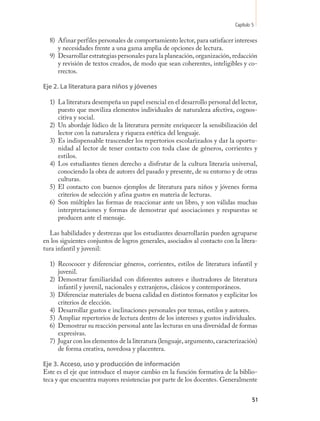 Capítulo 5

  8) Afinar perfiles personales de comportamiento lector, para satisfacer intereses
     y necesidades frente a una gama amplia de opciones de lectura.
  9) Desarrollar estrategias personales para la planeación, organización, redacción
     y revisión de textos creados, de modo que sean coherentes, inteligibles y co-
     rrectos.

Eje 2. La literatura para niños y jóvenes

  1) La literatura desempeña un papel esencial en el desarrollo personal del lector,
     puesto que moviliza elementos individuales de naturaleza afectiva, cognos-
     citiva y social.
  2) Un abordaje lúdico de la literatura permite enriquecer la sensibilización del
     lector con la naturaleza y riqueza estética del lenguaje.
  3) Es indispensable trascender los repertorios escolarizados y dar la oportu-
     nidad al lector de tener contacto con toda clase de géneros, corrientes y
     estilos.
  4) Los estudiantes tienen derecho a disfrutar de la cultura literaria universal,
     conociendo la obra de autores del pasado y presente, de su entorno y de otras
     culturas.
  5) El contacto con buenos ejemplos de literatura para niños y jóvenes forma
     criterios de selección y afina gustos en materia de lecturas.
  6) Son múltiples las formas de reaccionar ante un libro, y son válidas muchas
     interpretaciones y formas de demostrar qué asociaciones y respuestas se
     producen ante el mensaje.

  Las habilidades y destrezas que los estudiantes desarrollarán pueden agruparse
en los siguientes conjuntos de logros generales, asociados al contacto con la litera-
tura infantil y juvenil:

  1) Recococer y diferenciar géneros, corrientes, estilos de literatura infantil y
     juvenil.
  2) Demostrar familiaridad con diferentes autores e ilustradores de literatura
     infantil y juvenil, nacionales y extranjeros, clásicos y contemporáneos.
  3) Diferenciar materiales de buena calidad en distintos formatos y explicitar los
     criterios de elección.
  4) Desarrollar gustos e inclinaciones personales por temas, estilos y autores.
  5) Ampliar repertorios de lectura dentro de los intereses y gustos individuales.
  6) Demostrar su reacción personal ante las lecturas en una diversidad de formas
     expresivas.
  7) Jugar con los elementos de la literatura (lenguaje, argumento, caracterización)
     de forma creativa, novedosa y placentera.

Eje 3. Acceso, uso y producción de información
Este es el eje que introduce el mayor cambio en la función formativa de la biblio-
teca y que encuentra mayores resistencias por parte de los docentes. Generalmente


                                                                                     51
 