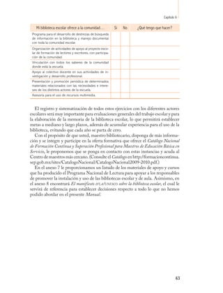 Capítulo 6

    Mi biblioteca escolar ofrece a la comunidad…             Si   No   ¿Qué tengo que hacer?
 Programa para el desarrollo de destrezas de búsqueda
 de información en la biblioteca y manejo documental
 con toda la comunidad escolar.
 Organización de actividades de apoyo al proyecto esco-
 lar de formación de lectores y escritores, con participa-
 ción de la comunidad.
 Vinculación con todos los saberes de la comunidad
 donde está la escuela.
 Apoyo al colectivo docente en sus actividades de in-
 vestigación y desarrollo profesional.
 Presentación y promoción periódica de determinados
 materiales relacionados con las necesidades e intere-
 ses de los distintos actores de la escuela.
 Asesoría para el uso de recursos multimedia.


   El registro y sistematización de todos estos ejercicios con los diferentes actores
escolares será muy importante para evaluaciones generales del trabajo escolar y para
la elaboración de la memoria de la biblioteca escolar, lo que permitirá establecer
metas a mediano y largo plazos, además de acumular experiencia para el uso de la
biblioteca, evitando que cada año se parta de cero.
   Con el propósito de que usted, maestro bibliotecario, disponga de más informa-
ción y se integre y participe en la oferta formativa que ofrece el Catálogo Nacional
de Formación Continua y Superación Profesional para Maestros de Educación Básica en
Servicio, le proponemos que se ponga en contacto con estas instancias y acuda al
Centro de maestros más cercano. (Consulte el Catálogo en http://formacioncontinua.
sep.gob.mx/sites/CatalogoNacional/CatalogoNacional2009-2010.pdf.)
   En el anexo 7 le proporcionamos un listado de los materiales de apoyo y cursos
que ha producido el Programa Nacional de Lectura para apoyar a los responsables
de promover la instalación y uso de las bibliotecas escolar y de aula. Asimismo, en
el anexo 8 encontrará El manifiesto ifla /unesco sobre la biblioteca escolar, el cual le
servirá de referencia para establecer decisiones respecto a todo lo que no hemos
podido abordar en el presente Manual.




                                                                                                63
 