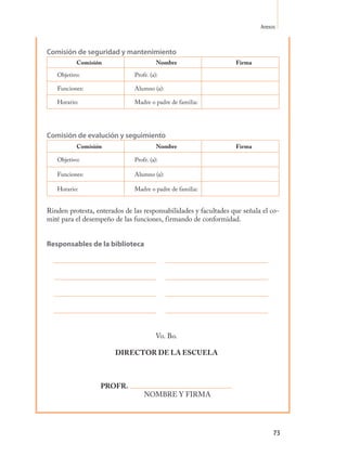 Anexos



Comisión de seguridad y mantenimiento
          Comisión                       Nombre                   Firma

   Objetivo:                   Profr. (a):

   Funciones:                  Alumno (a):

   Horario:                    Madre o padre de familia:




Comisión de evalución y seguimiento
          Comisión                       Nombre                   Firma

   Objetivo:                   Profr. (a):

   Funciones:                  Alumno (a):

   Horario:                    Madre o padre de familia:


Rinden protesta, enterados de las responsabilidades y facultades que señala el co-
mité para el desempeño de las funciones, firmando de conformidad.


Responsables de la biblioteca




                                         Vo. Bo.

                        DIRECTOR DE LA ESCUELA



                   PROFR.
                                   NOMBRE Y FIRMA




                                                                                73
 