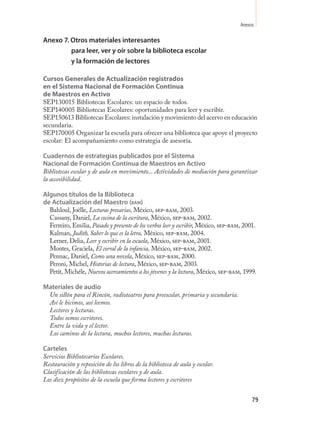Anexos

Anexo 7. Otros materiales interesantes
         para leer, ver y oír sobre la biblioteca escolar
         y la formación de lectores

Cursos Generales de Actualización registrados
en el Sistema Nacional de Formación Continua
de Maestros en Activo
SEP130015 Bibliotecas Escolares: un espacio de todos.
SEP140005 Bibliotecas Escolares: oportunidades para leer y escribir.
SEP150613 Bibliotecas Escolares: instalación y movimiento del acervo en educación
secundaria.
SEP170005 Organizar la escuela para ofrecer una biblioteca que apoye el proyecto
escolar: El acompañamiento como estrategia de asesoría.

Cuadernos de estrategias publicados por el Sistema
Nacional de Formación Continua de Maestros en Activo
Bibliotecas escolar y de aula en movimiento... Actividades de mediación para garantizar
la accesibilidad.

Algunos títulos de la Biblioteca
de Actualización del Maestro (bam)
  Bahloul, Joëlle, Lecturas precarias, México, sep-bam, 2003.
  Cassany, Daniel, La cocina de la escritura, México, sep-bam, 2002.
  Ferreiro, Emilia, Pasado y presente de los verbos leer y escribir, México, sep-bam, 2001.
  Kalman, Judith, Saber lo que es la letra, México, sep-bam, 2004.
  Lerner, Delia, Leer y escribir en la escuela, México, sep-bam, 2001.
  Montes, Graciela, El corral de la infancia, México, sep-bam, 2002.
  Pennac, Daniel, Como una novela, México, sep-bam, 2000.
  Peroni, Michel, Historias de lectura, México, sep-bam, 2003.
  Petit, Michéle, Nuevos acercamientos a los jóvenes y la lectura, México, sep-bam, 1999.

Materiales de audio
 Un sillón para el Rincón, radioteatros para preescolar, primaria y secundaria.
 Así le hicimos, así leemos.
 Lectores y lecturas.
 Todos somos escritores.
 Entre la vida y el lector.
 Los caminos de la lectura, muchos lectores, muchas lecturas.

Carteles
Servicios Bibliotecarios Escolares.
Restauración y reposición de los libros de la biblioteca de aula y escolar.
Clasificación de las bibliotecas escolares y de aula.
Los diez propósitos de la escuela que forma lectores y escritores


                                                                                         79
 