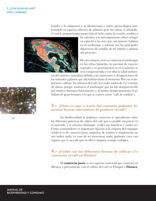 II. ¿Una tacita de café?
Café y cafetales



                           loniales y lo adaptaron a su idiosincrasia y visión agroecológica sem-
                           brándolo en espacios abiertos de arbustos pero sin retirar el arbolado,
                           el cual le proporcionara protección al suelo contra la erosión, sombra a
                                                   los cafetales, y lo más importante, ofrece refugio
                                                   en especial a las aves que son quienes habitan
                                                   en el sotobosque y además son las principales
                                                   dispersoras de semillas de los árboles y plantas
                                                   ahí presentes.

                                                   De otra manera, si no se conserva el sotobosque
                                                   en las selvas húmedas, la sucesión de especies
                                                   vegetales y su permanencia en el ecosistema se
                                                   verá comprometida y con ellas la salud ambien-
                           tal del entorno inmediato debido a las extinciones y desapariciones de
                           los animales y plantas que ahí habitan hasta el momento. Por eso es im-
                           portante cultivar los arbustos del café, los cuales miden de 3 a 5 metros
                           de altura, porque sustituyen el sotobosque que ha ido desapareciendo
                           por motivos humanos básicamente, y al mismo tiempo mantener el ar-
                           bolado de gran formato, o lo que se conoce como “café de sombra”..


                           3.-¿Cómo es que a través del consumo podemos fo-
                           mentar formas alternativas de producir el café?

   14                              La biodiversidad la podemos conservar si aprendemos sobre
                           las diferentes prácticas de cultivo del café que es posible encontrar en
                           el mercado, y si sabemos distinguir cuáles son benéﬁcas y cuáles no.
                           Como consumidores es importante ﬁjarnos si la etiqueta del empaque
                           señala si es de comercio justo, orgánico, de sombra o simplemente no
                           nos indica nada; en caso de no mencionar nada, podemos estar casi
                           seguros que es un café que no ofrece ninguna ventaja ecológica.


                           4.-¿Cuáles son las diferentes formas de cultivar y/o
                           comerciar el café en México?

                                 El comercio justo es un esquema comercial que comenzó en
                           México, y precisamente con el cultivo del café en Chiapas y Oaxaca.
 