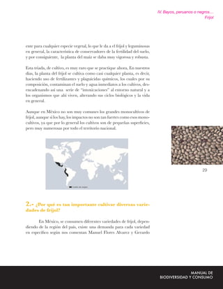 IV. Bayos, peruanos o negros…
                                                                                                        Frijol




ente para cualquier especie vegetal, lo que le da a el frijol y leguminosas
en general, la característica de conservadores de la fertilidad del suelo,
y por consiguiente, la planta del maíz se daba muy vigorosa y robusta.

Esta triada, de cultivo, es muy raro que se practique ahora, En nuestros
días, la planta del frijol se cultiva como casi cualquier planta, es decir,
haciendo uso de fertilizantes y plaguicidas químicos, los cuales por su
composición, contaminan el suelo y agua inmediatos a los cultivos, des-
encadenando así una serie de “intoxicaciones” al entorno natural y a
los organismos que ahí viven, alterando sus ciclos biológicos y la vida
en general.

Aunque en México no son muy comunes los grandes monocultivos de
frijol, aunque si los hay, los impactos no son tan fuertes como esos mono-
cultivos, ya que por lo general los cultivos son de pequeñas superﬁcies,
pero muy numerosas por todo el territorio nacional.




                                                                                                       29




2.- ¿Por qué es tan importante cultivar diversas varie-
dades de frijol?

       En México, se consumen diferentes variedades de frijol, depen-
diendo de la región del país, existe una demanda para cada variedad
en especíﬁco según nos comentan Manuel Flores Alvarez y Gerardo
 