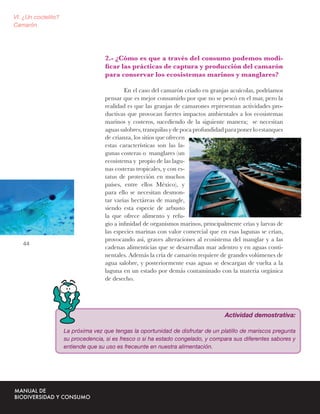 VI. ¿Un coctelito?
Camarón




                                    2.- ¿Cómo es que a través del consumo podemos modi-
                                    ﬁcar las prácticas de captura y producción del camarón
                                    para conservar los ecosistemas marinos y manglares?

                                            En el caso del camarón criado en granjas acuícolas, podríamos
                                    pensar que es mejor consumirlo por que no se pescó en el mar, pero la
                                    realidad es que las granjas de camarones representan actividades pro-
                                    ductivas que provocan fuertes impactos ambientales a los ecosistemas
                                    marinos y costeros, sucediendo de la siguiente manera; se necesitan
                                    aguas salobres, tranquilas y de poca profundidad para poner lo estanques
                                    de crianza, los sitios que ofrecen
                                    estas características son las la-
                                    gunas costeras o manglares (un
                                    ecosistema y propio de las lagu-
                                    nas costeras tropicales, y con es-
                                    tatus de protección en muchos
                                    países, entre ellos México), y
                                    para ello se necesitan desmon-
                                    tar varias hectáreas de mangle,
                                    siendo esta especie de arbusto
                                    la que ofrece alimento y refu-
                                    gio a inﬁnidad de organismos marinos, principalmente crías y larvas de
                                    las especies marinas con valor comercial que en esas lagunas se crían,
                                    provocando así, graves alteraciones al ecosistema del manglar y a las
   44
                                    cadenas alimenticias que se desarrollan mar adentro y en aguas conti-
                                    nentales. Además la cría de camarón requiere de grandes volúmenes de
                                    agua salobre, y posteriormente esas aguas se descargan de vuelta a la
                                    laguna en un estado por demás contaminado con la materia orgánica
                                    de desecho.




                                                                                    Actividad demostrativa:

                     La próxima vez que tengas la oportunidad de disfrutar de un platillo de mariscos pregunta
                     su procedencia, si es fresco o si ha estado congelado, y compara sus diferentes sabores y
                     entiende que su uso es freceunte en nuestra alimentación.
 