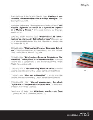 Bibliografía




Boletín Pesticide Action Network PAN-UK; 2006; “Producción sos-
tenible de tomate Reseñas Sobre el Manejo de Plagas”. Lon-
dres Inglaterra; num.13.

Boletín Red Mexicana de Tianguis y Mercados Orgánicos (2005),” Los
Tianguis Orgánicos, Una visión de la Agricultura Orgánica
en el Mundo y México.” Universidad Autónoma de Chapingo,
México p.p.18.

CONABIO, Boletín Bimestral; 2002; “Biodiversitas: El sistema
Nacional de Información Sobre Biodiversidad”; Comisión Na-
cional para el Conocimiento y Uso de la Biodiversidad; México; Año
06, Número 44; p.p.20.

CONABIO; 2004; “Biodiversitas: Recursos Biológicos Colecti-
vos”; Comisión Nacional para el Conocimiento y Uso de la Biodiver-
sidad; México; Año 08, Número 53; p.p.06.

CONABIO; 2004; “Biodiversitas: Conservar Produciendo Bio-
diversidad, Café Orgánico y Jardines Productivos”; Comisión
Nacional para el Conocimiento y Uso de la Biodiversidad; México;
Año 08, Número 55; p.p.16.

CONABIO, 2006. “Capital Natural y Bienestar Social”; Comisión
Nacional para el Conocimiento y Uso de la Biodiversidad; México.          65

CONABIO, 2006. “Mezcales y Diversidad”; 2° edición; Comisión
Nacional para el Conocimiento y Uso de la Biodiversidad; México.

CORPOICA-ICA; 2002; “Manual Agropecuario: Tecnología
Orgánica de la Granja Integral Autosuﬁciente.”; Centro de In-
formación Asohofrucol; Colombia.

De la Fuente J.R. Et Al; 1995; “El océano y sus Recursos: Tomo
IX”; Fondo de Cultura Económica; México D.F.
 